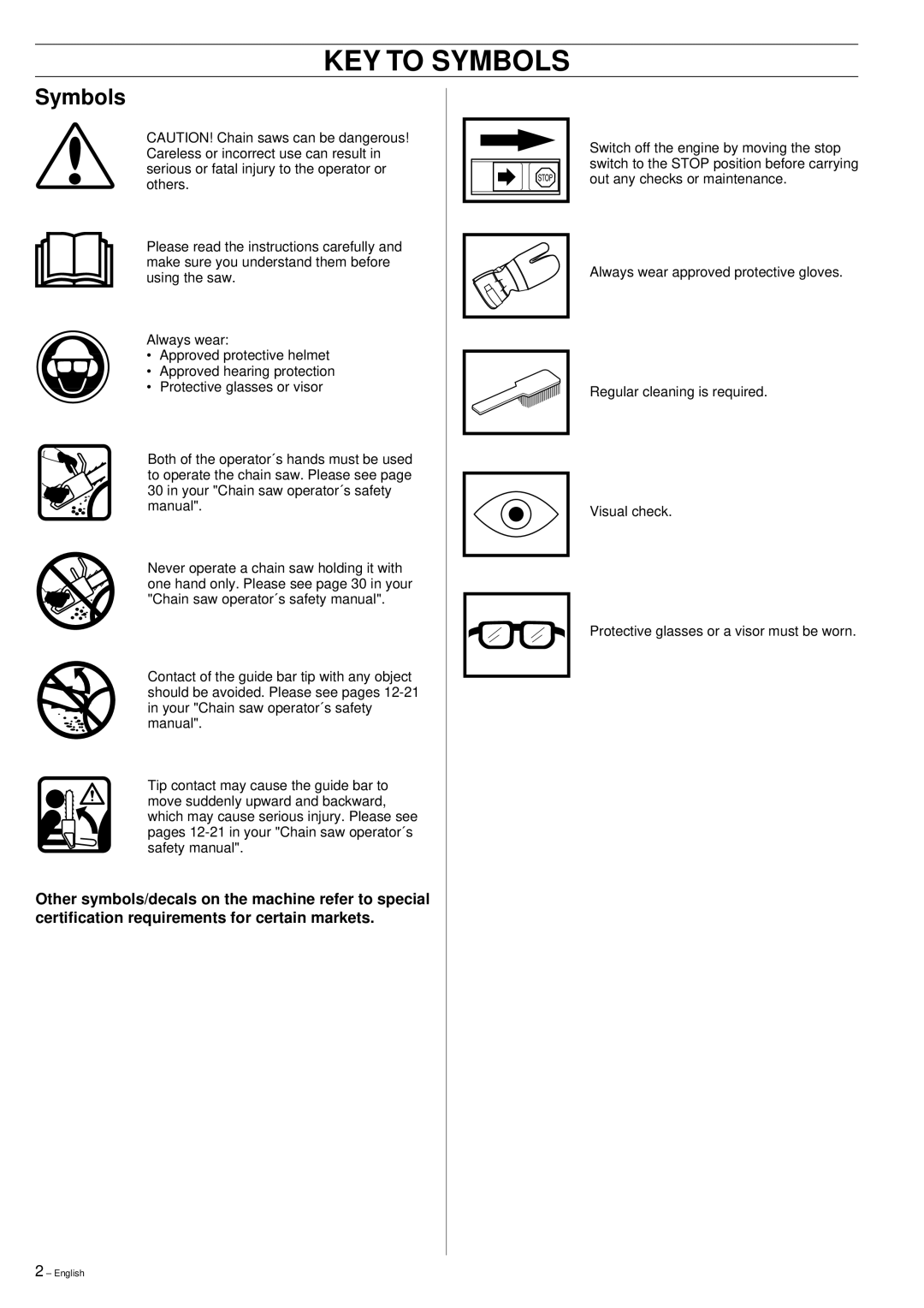 Husqvarna 395XP manual KEY to Symbols 