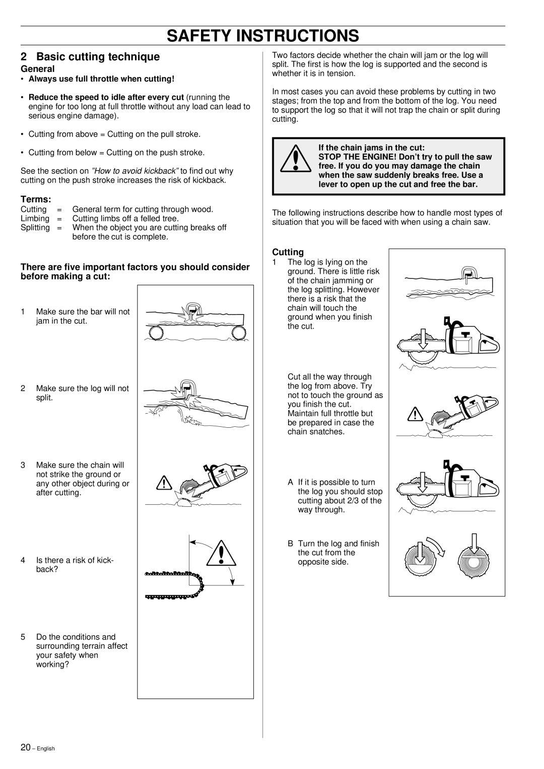 Husqvarna 395XP manual Basic cutting technique, General, Terms, Cutting 