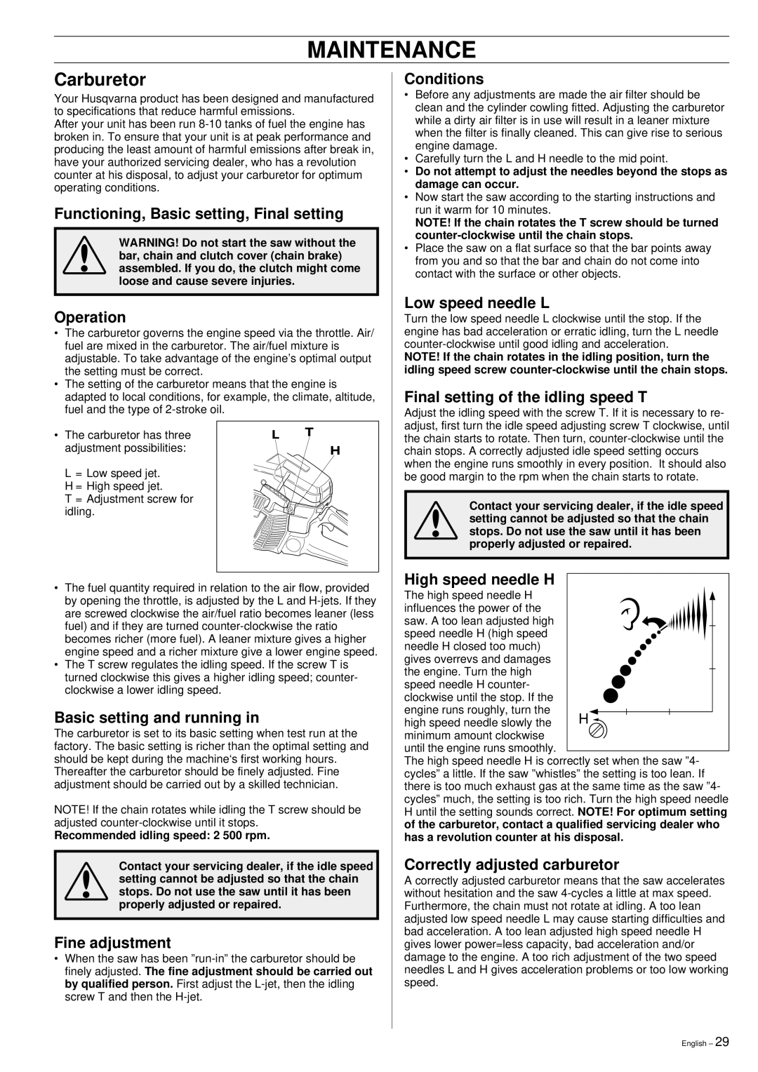 Husqvarna 395XP manual Maintenance, Carburetor 