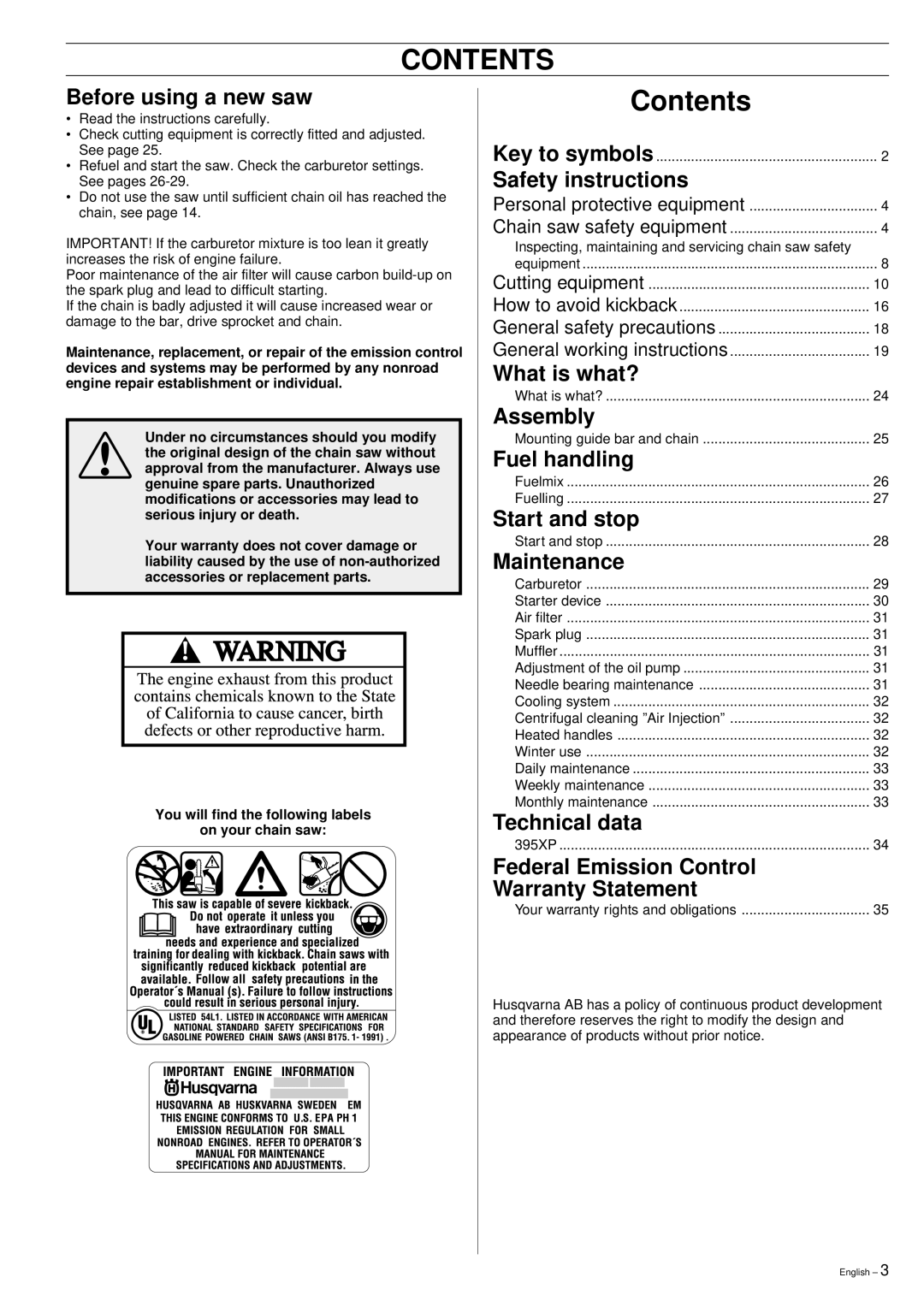 Husqvarna 395XP manual Contents 