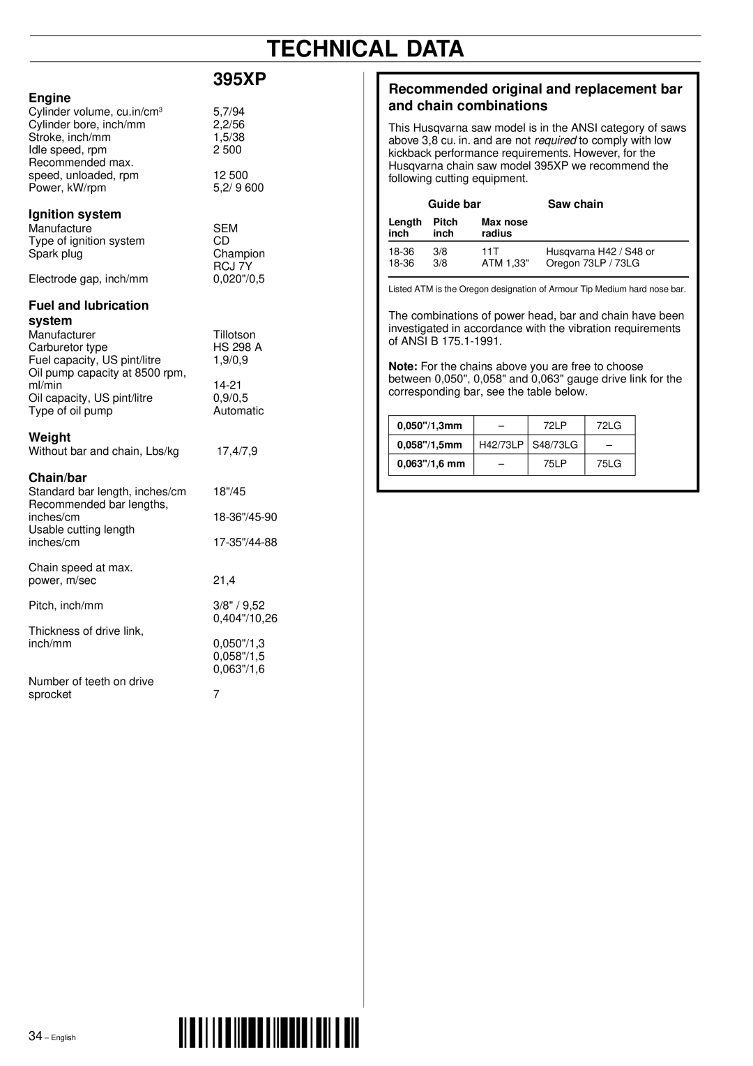 Husqvarna 395XP manual Technical Data 