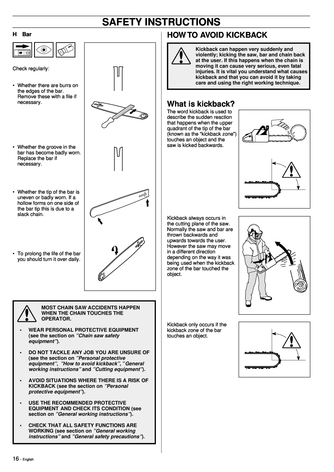 Husqvarna 395XP manual Safety Instructions, How To Avoid Kickback, What is kickback?, H Bar 