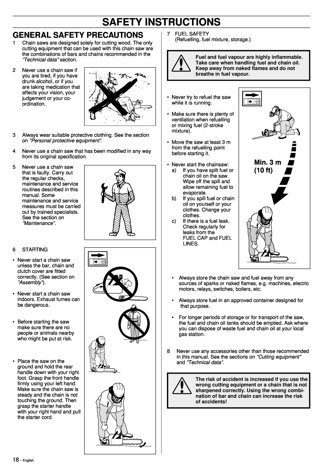 Husqvarna 395XP manual Safety Instructions, Min. 3 m, 10 ft, ”Technical data” section, on ”Personal protective equipment” 