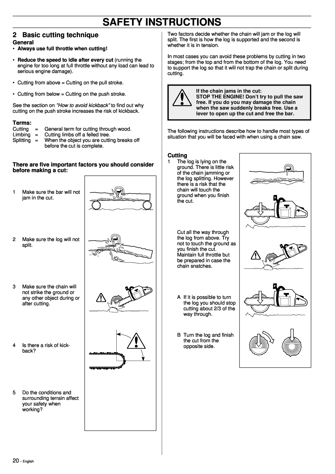 Husqvarna 395XP manual Safety Instructions, Basic cutting technique, General, Terms, Cutting 