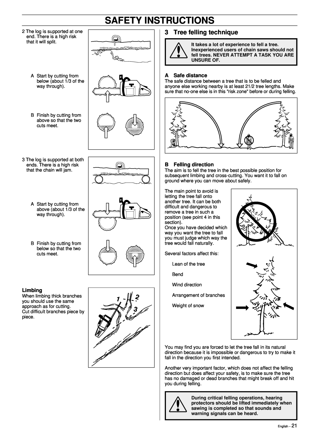 Husqvarna 395XP manual Safety Instructions, Tree felling technique, A Safe distance, Limbing, B Felling direction 
