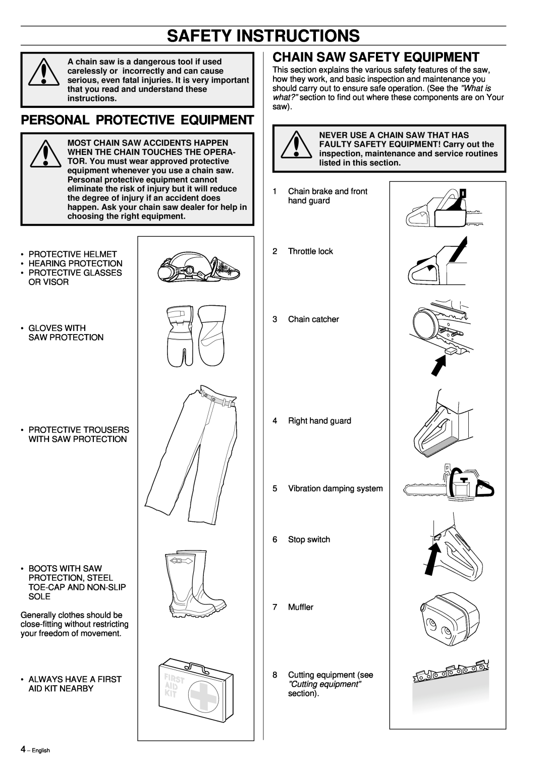 Husqvarna 395XP manual Safety Instructions, Personal Protective Equipment, Chain Saw Safety Equipment 