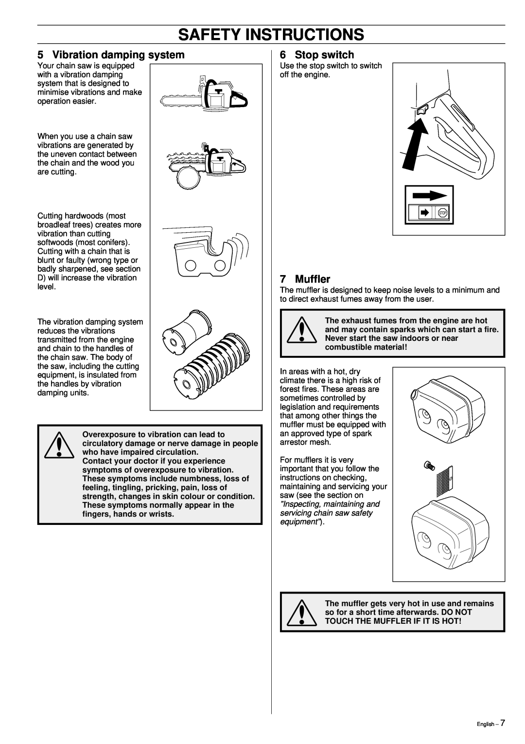 Husqvarna 395XP manual Safety Instructions, Vibration damping system, Stop switch, Muffler 