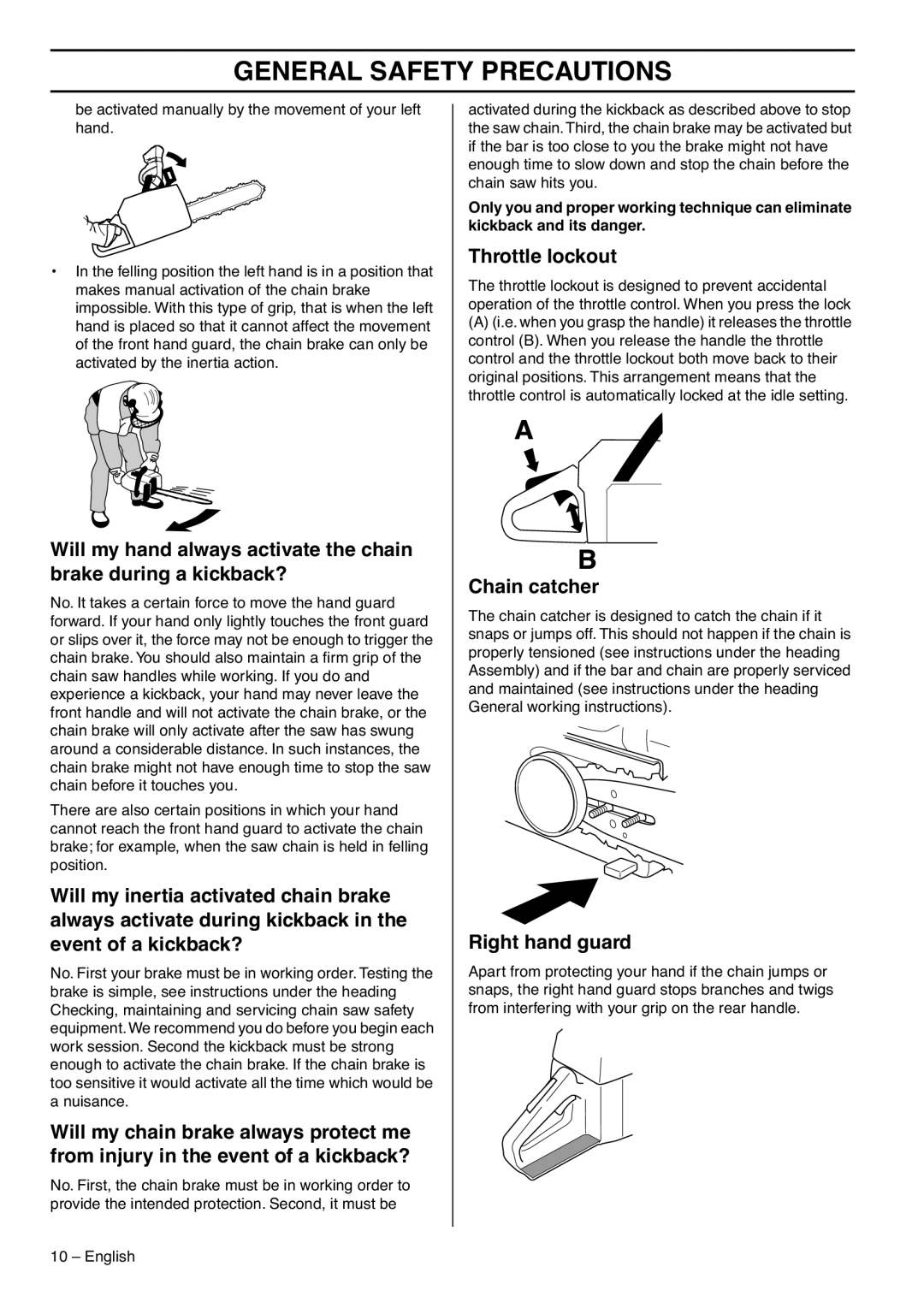 Husqvarna 395XPG, 1153177-95 manual Throttle lockout, Chain catcher, Right hand guard 