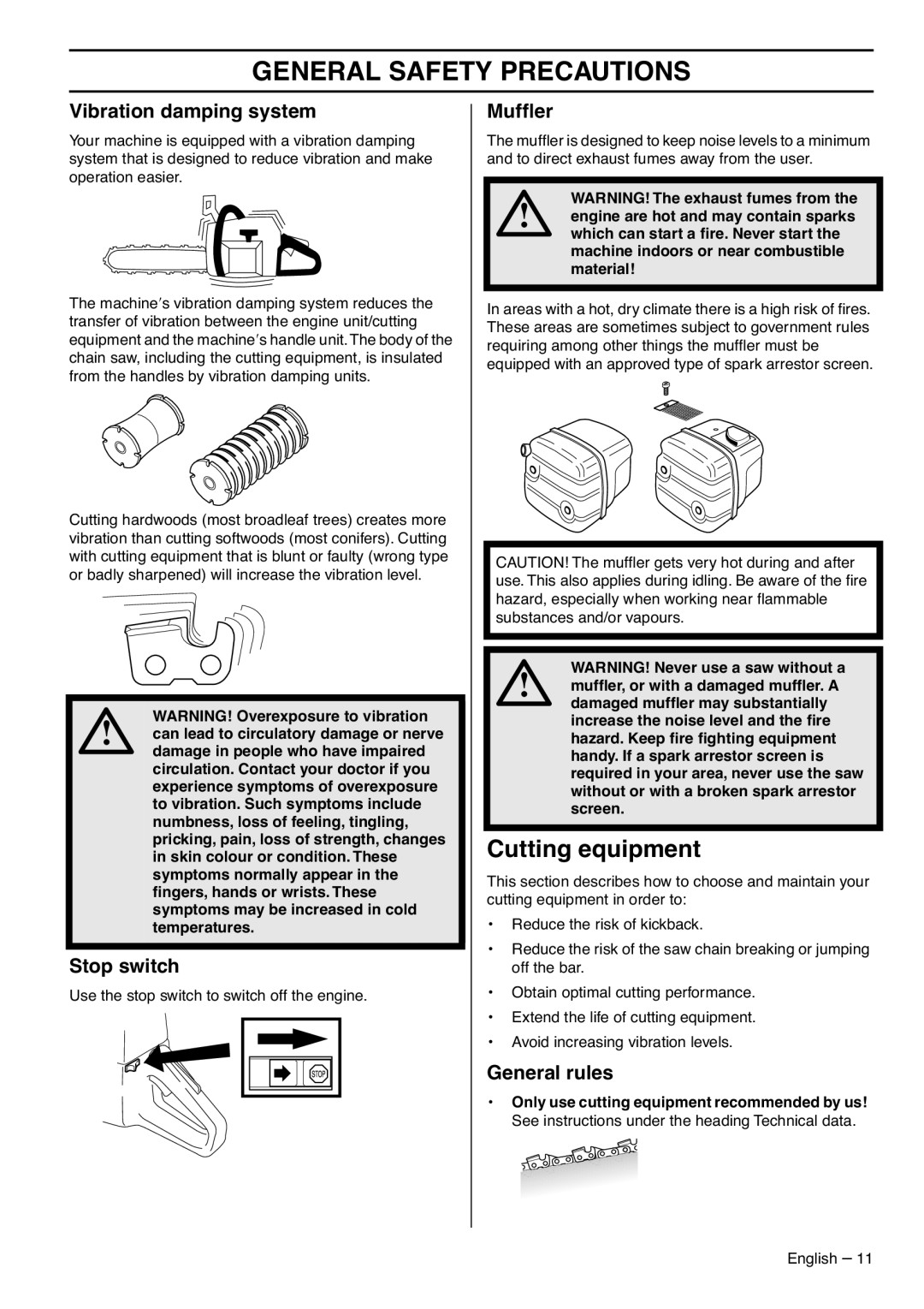 Husqvarna 1153177-95, 395XPG manual Cutting equipment, Vibration damping system, Stop switch, Mufﬂer, General rules 