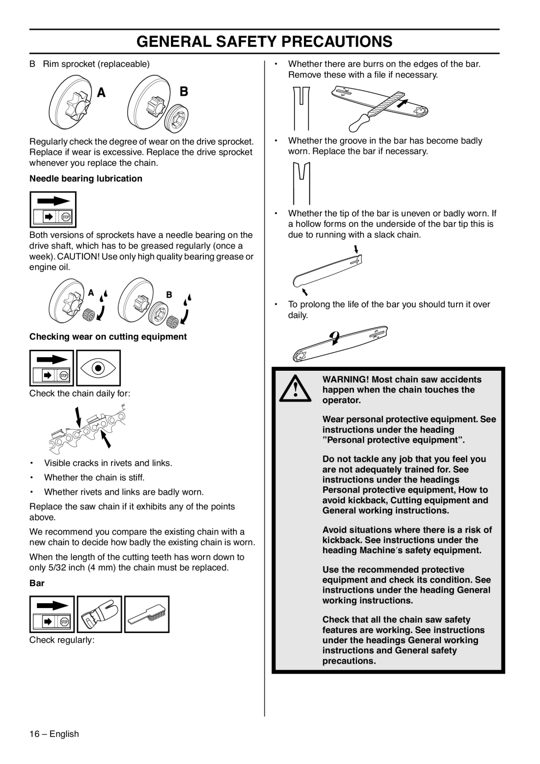 Husqvarna 395XPG, 1153177-95 manual Needle bearing lubrication, Checking wear on cutting equipment 