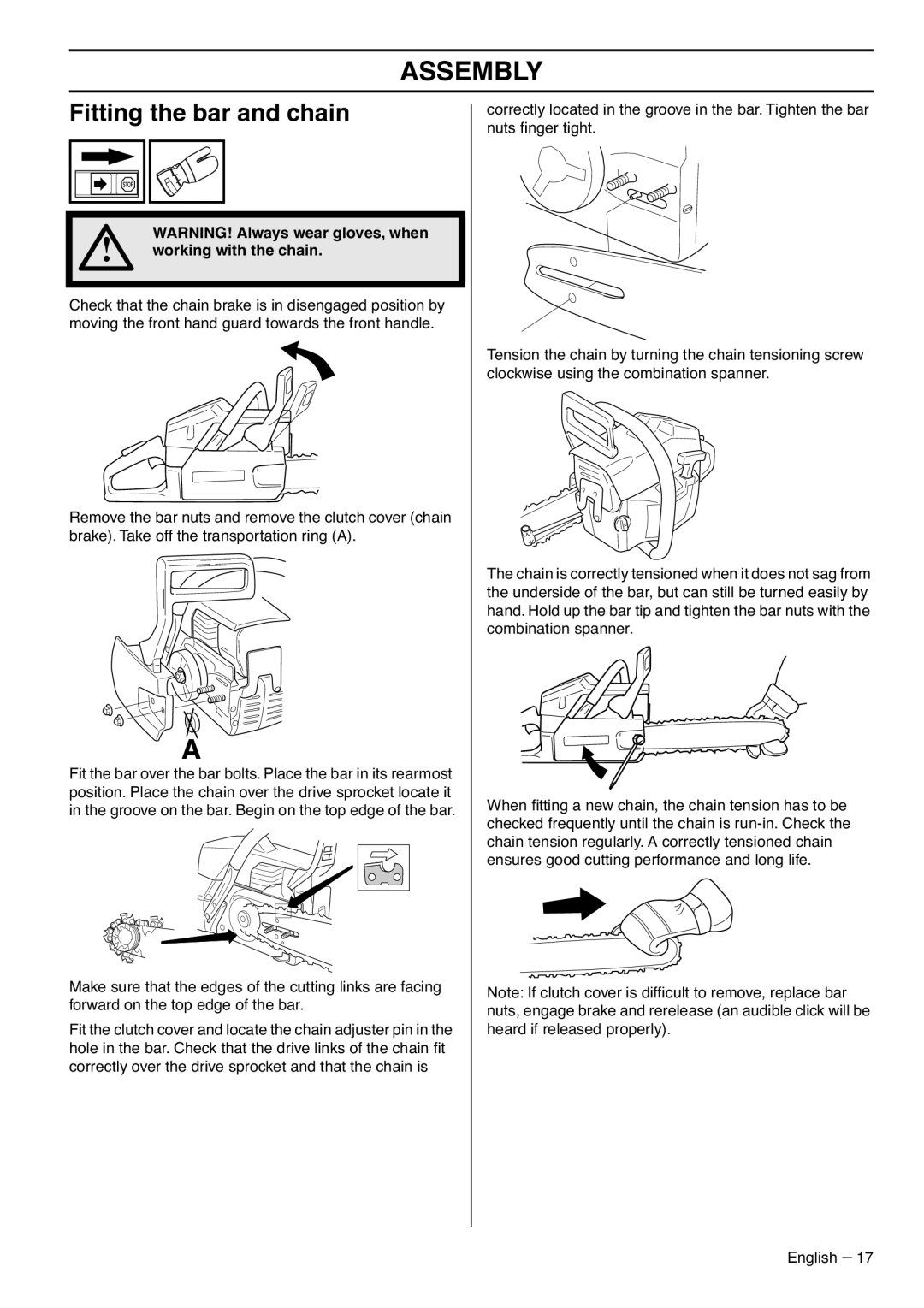 Husqvarna 1153177-95, 395XPG manual Assembly, Fitting the bar and chain, Working with the chain 