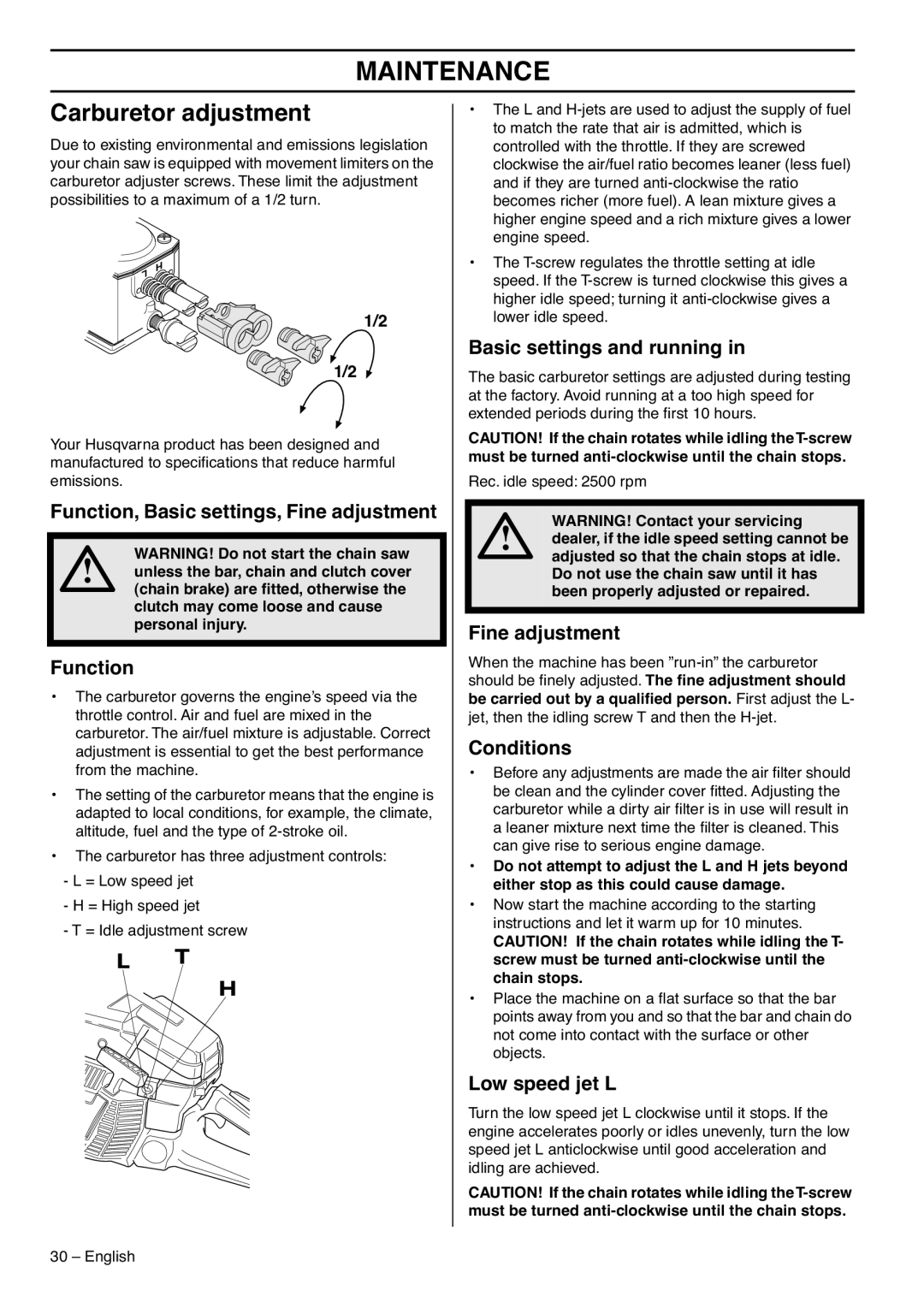 Husqvarna 395XPG, 1153177-95 manual Maintenance, Carburetor adjustment 