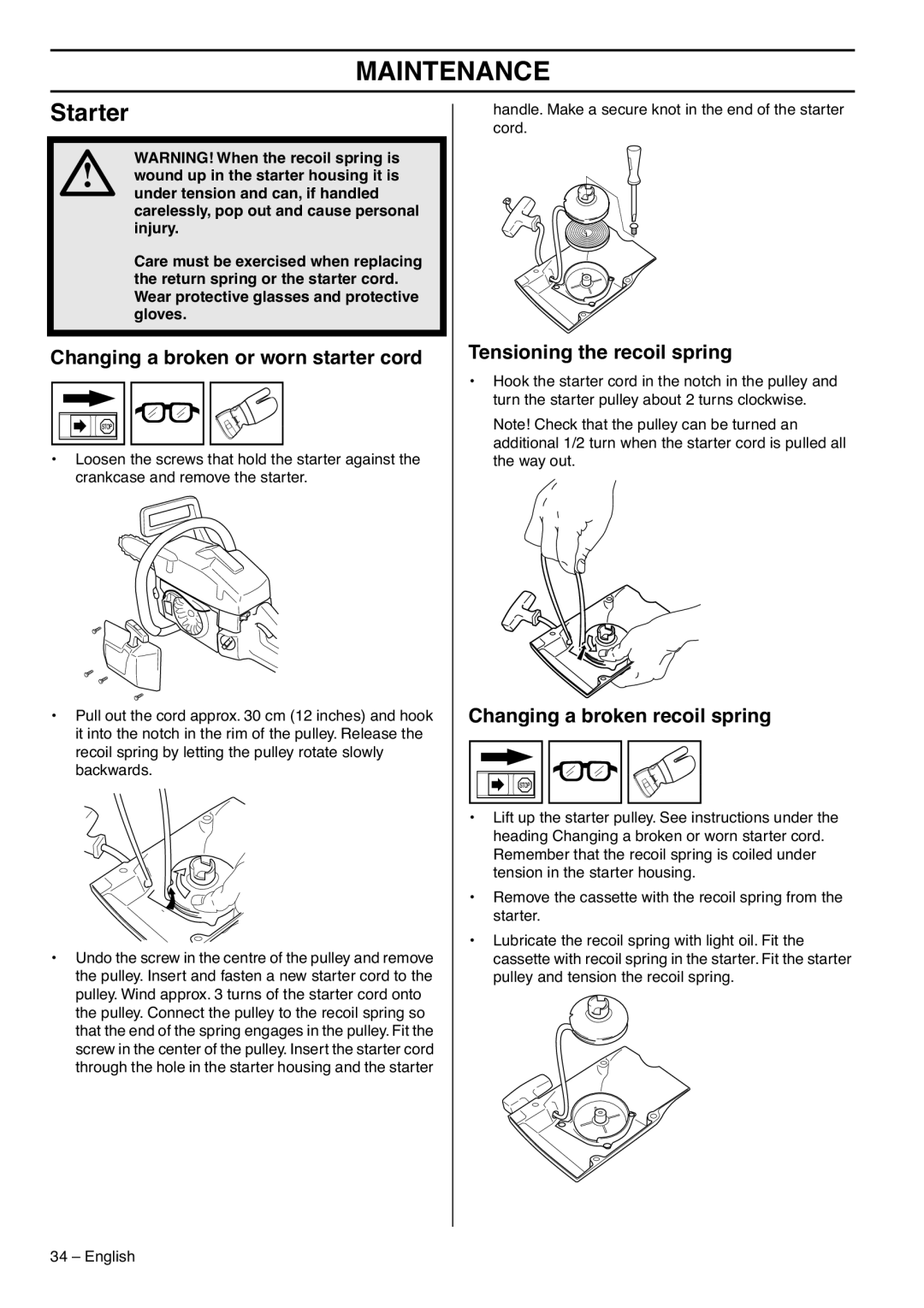 Husqvarna 395XPG, 1153177-95 manual Starter, Changing a broken or worn starter cord, Tensioning the recoil spring 