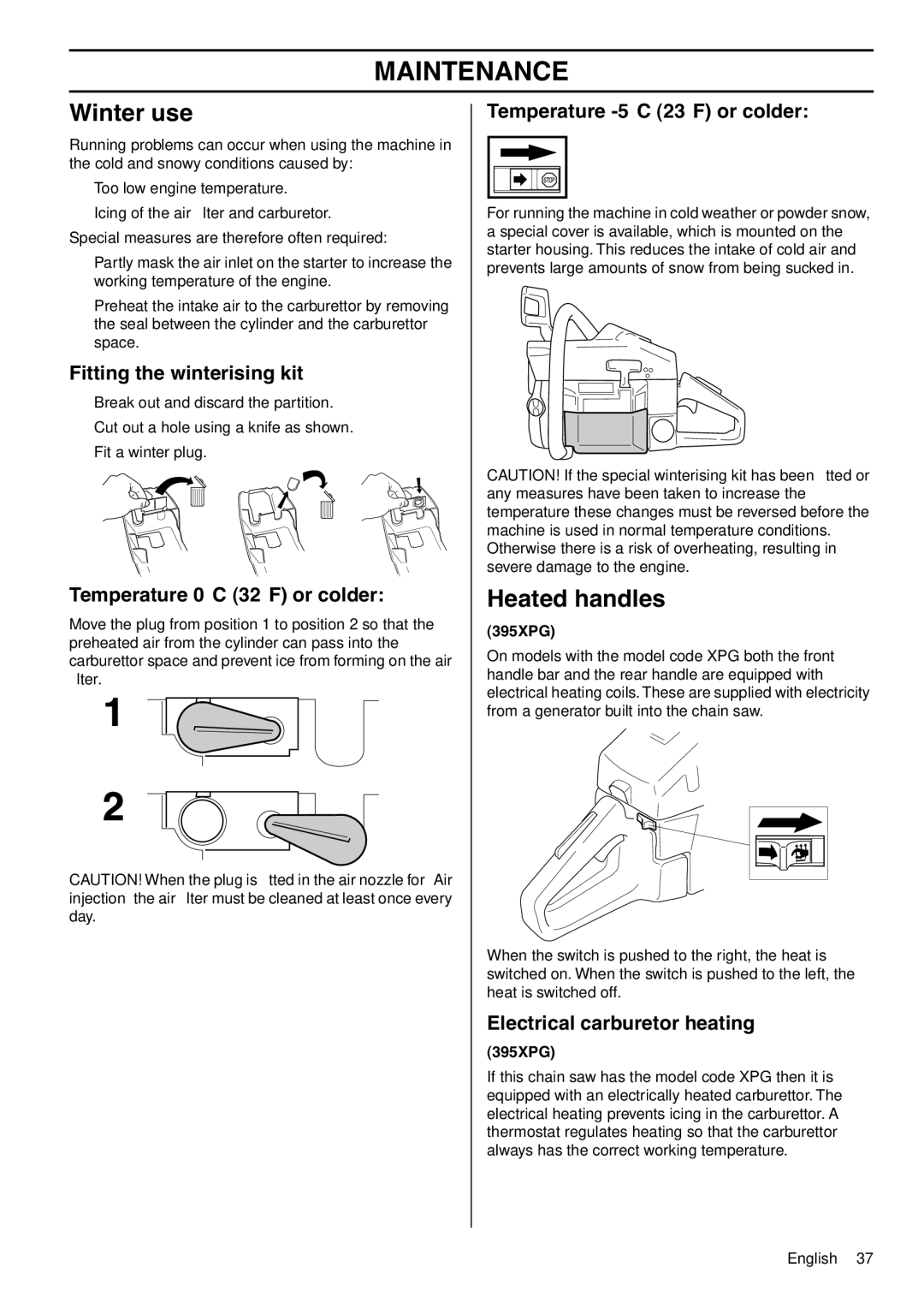 Husqvarna 1153177-95, 395XPG manual Winter use, Heated handles 