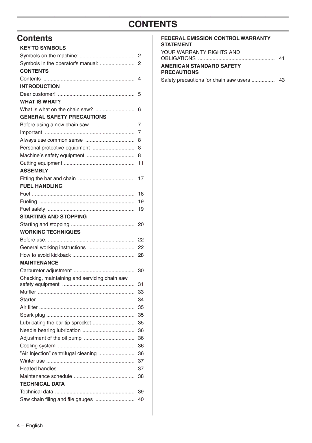 Husqvarna 395XPG, 1153177-95 manual Contents 