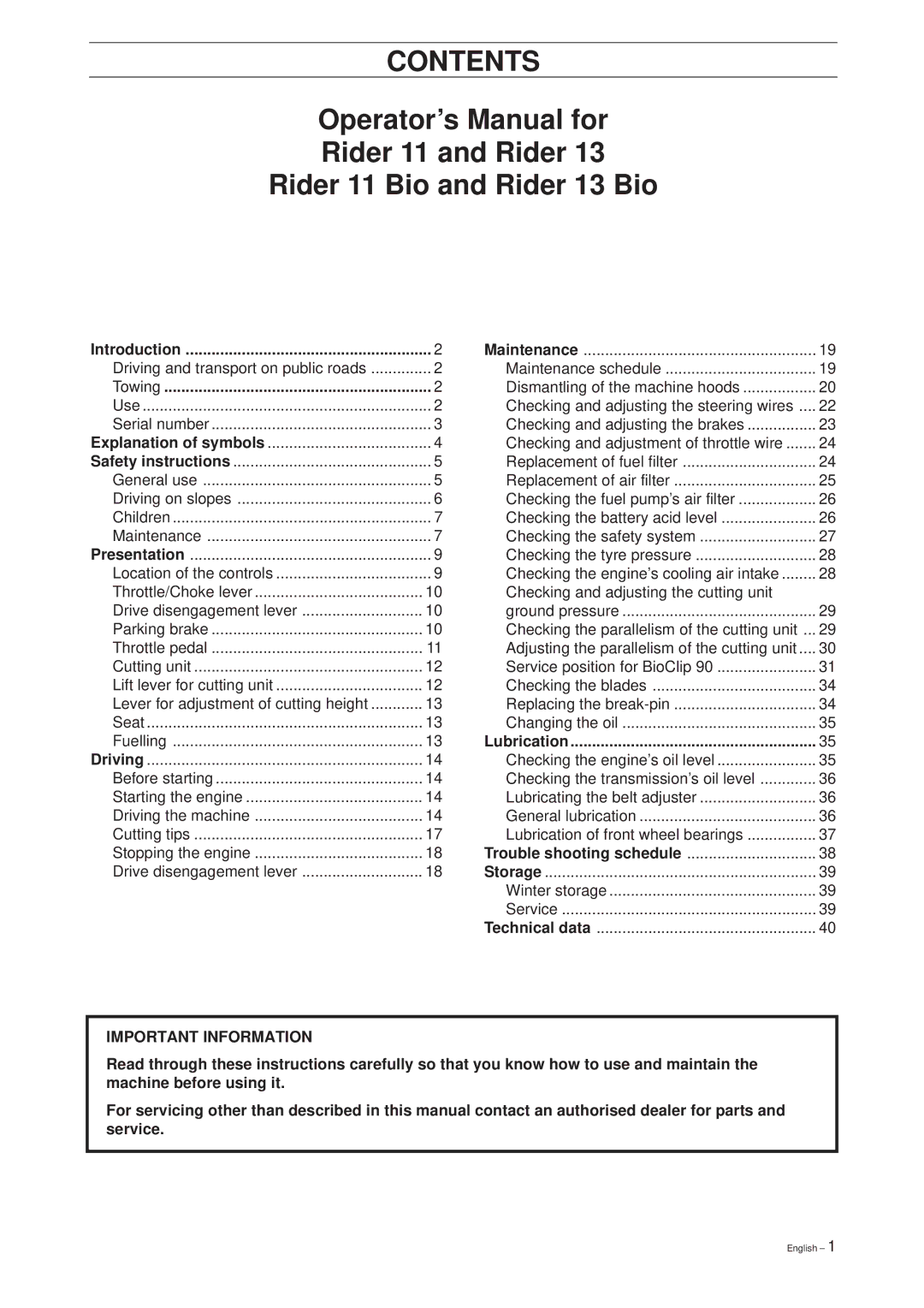 Husqvarna 39765, 13 Bio, 11 Bio manual Contents 