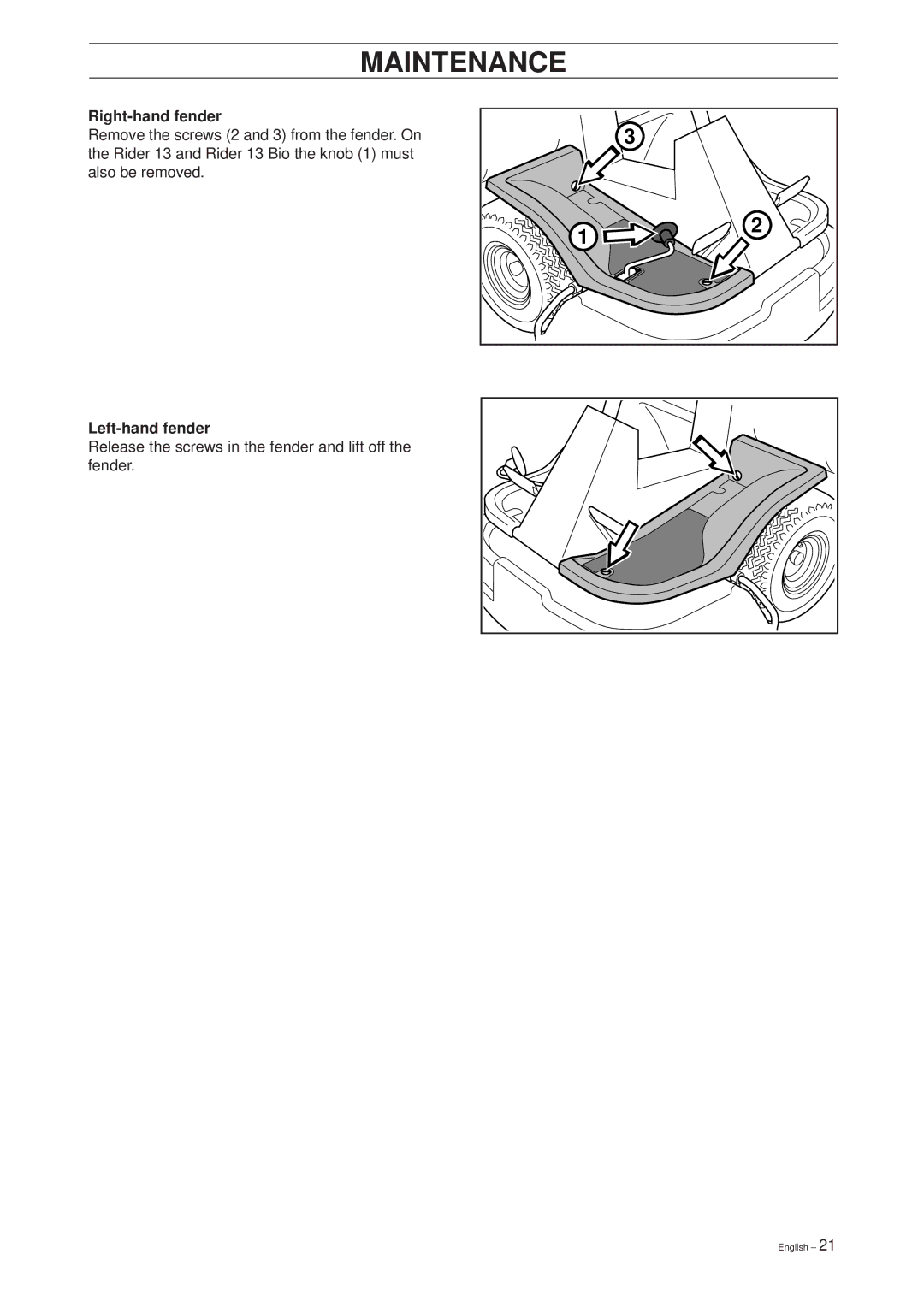 Husqvarna 39765, 13 Bio, 11 Bio manual Right-hand fender, Left-hand fender 