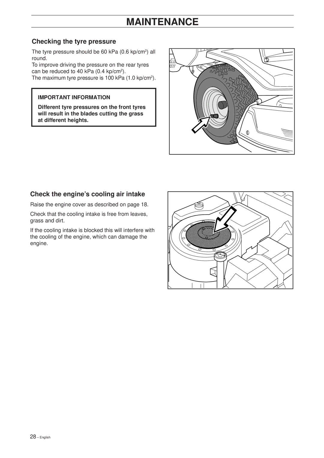 Husqvarna 13 Bio, 39765, 11 Bio manual Checking the tyre pressure, Check the engine’s cooling air intake 