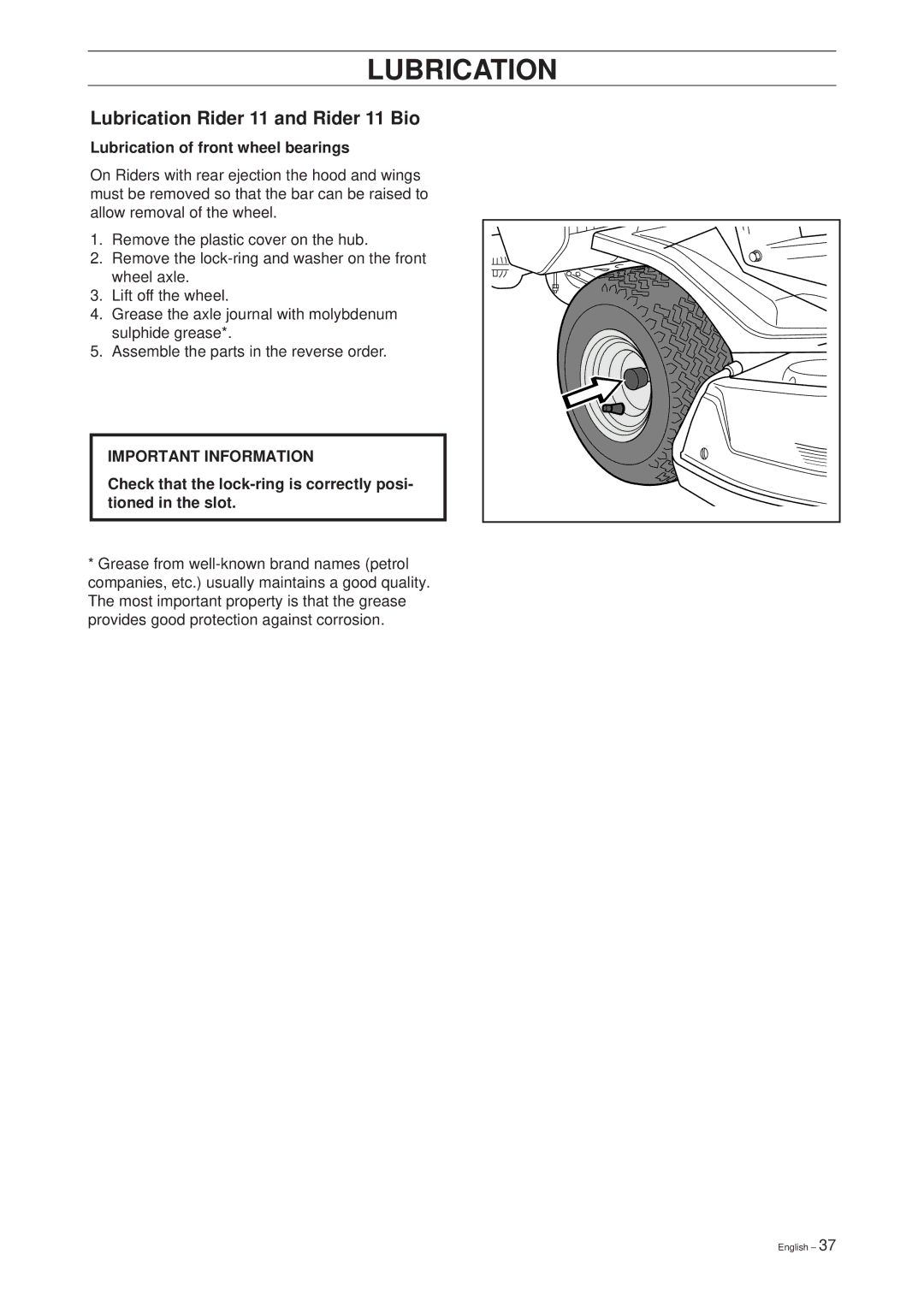 Husqvarna 39765, 13 Bio manual Lubrication Rider 11 and Rider 11 Bio, Lubrication of front wheel bearings 