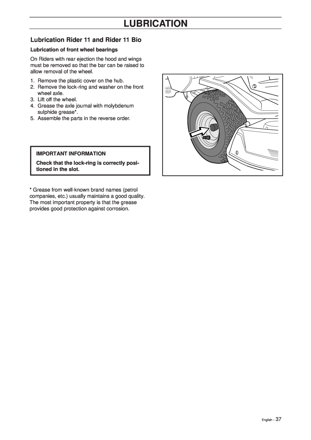 Husqvarna 39765 manual Lubrication Rider 11 and Rider 11 Bio, Lubrication of front wheel bearings, Important Information 