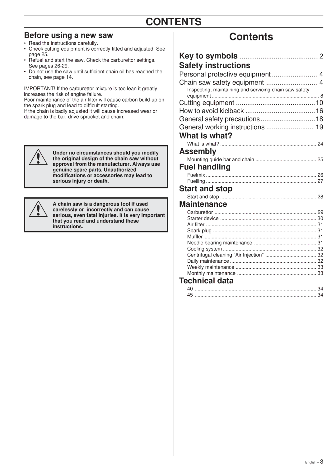 Husqvarna 40 manual Contents 