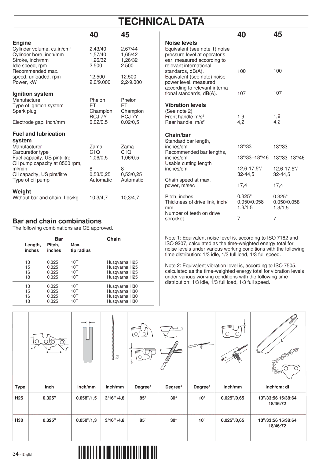 Husqvarna 40 manual Technical Data, Bar and chain combinations 