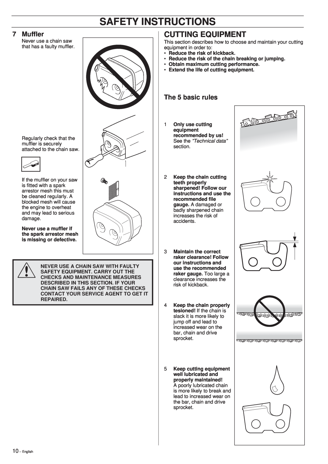 Husqvarna 40 manual Cutting Equipment, The 5 basic rules, Safety Instructions, Muffler 