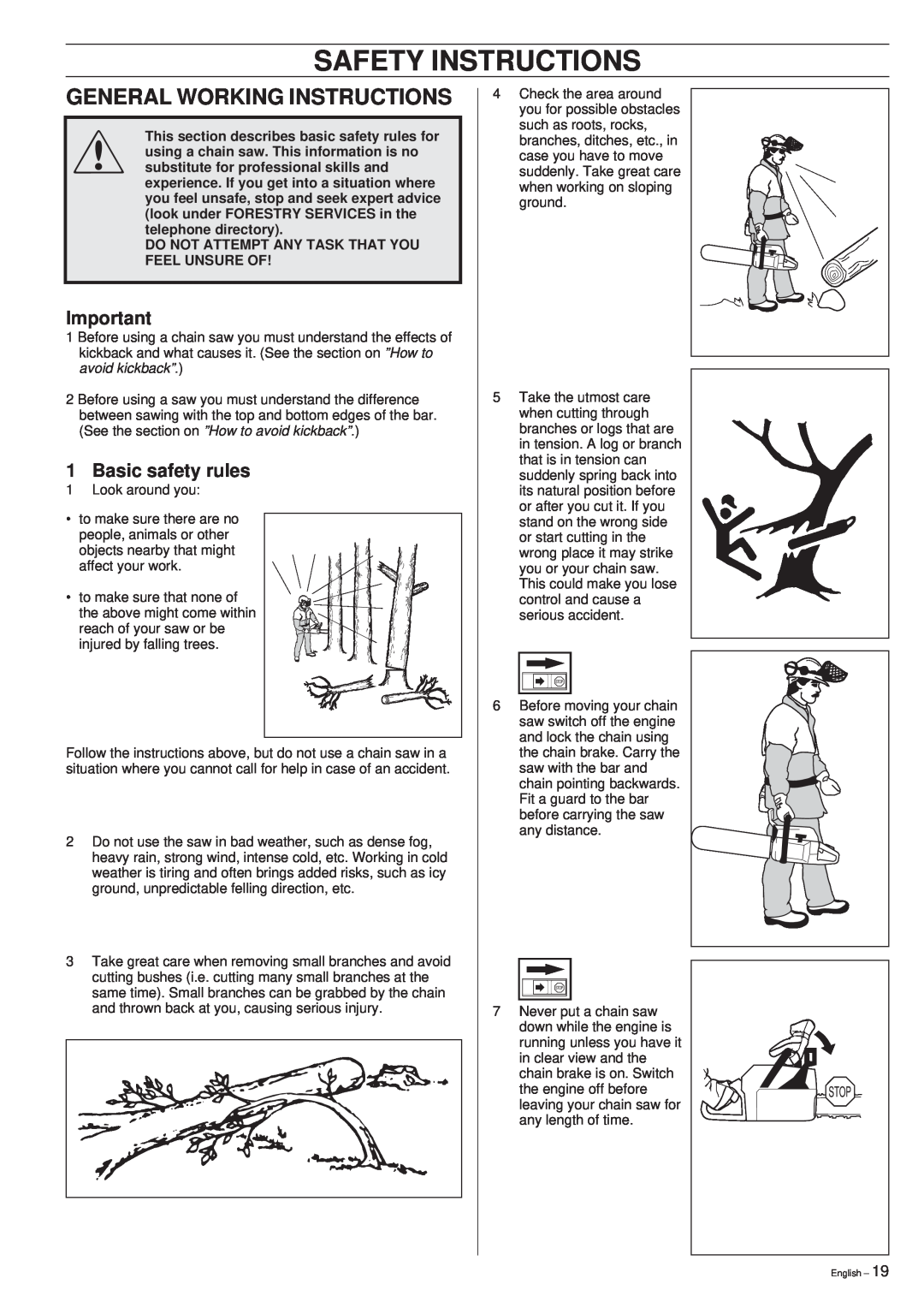 Husqvarna 40 manual General Working Instructions, Basic safety rules, Safety Instructions 