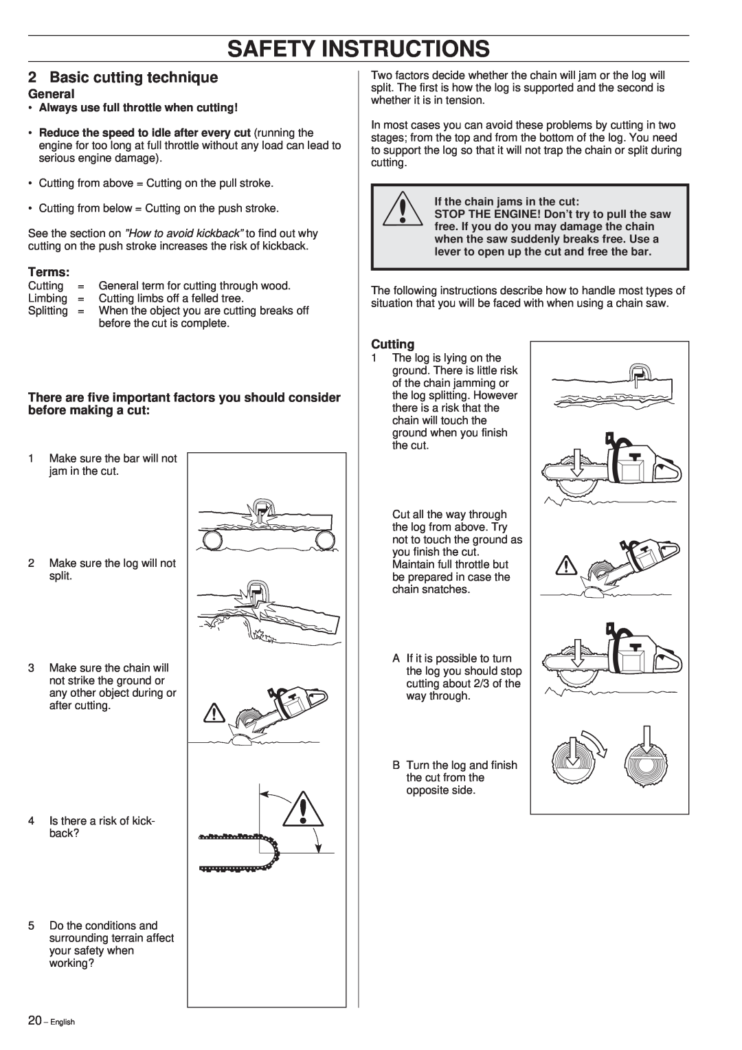 Husqvarna 40 manual Basic cutting technique, Safety Instructions, General, Terms, Cutting 