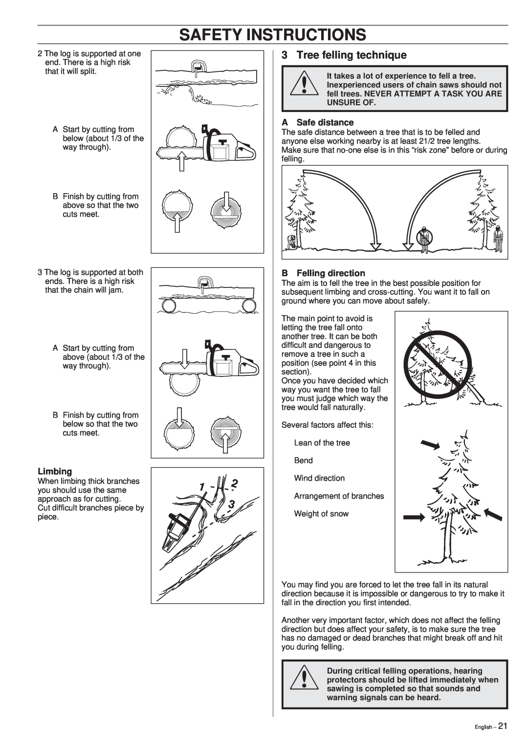 Husqvarna 40 manual 3Tree felling technique, Safety Instructions, A Safe distance, Limbing, B Felling direction 