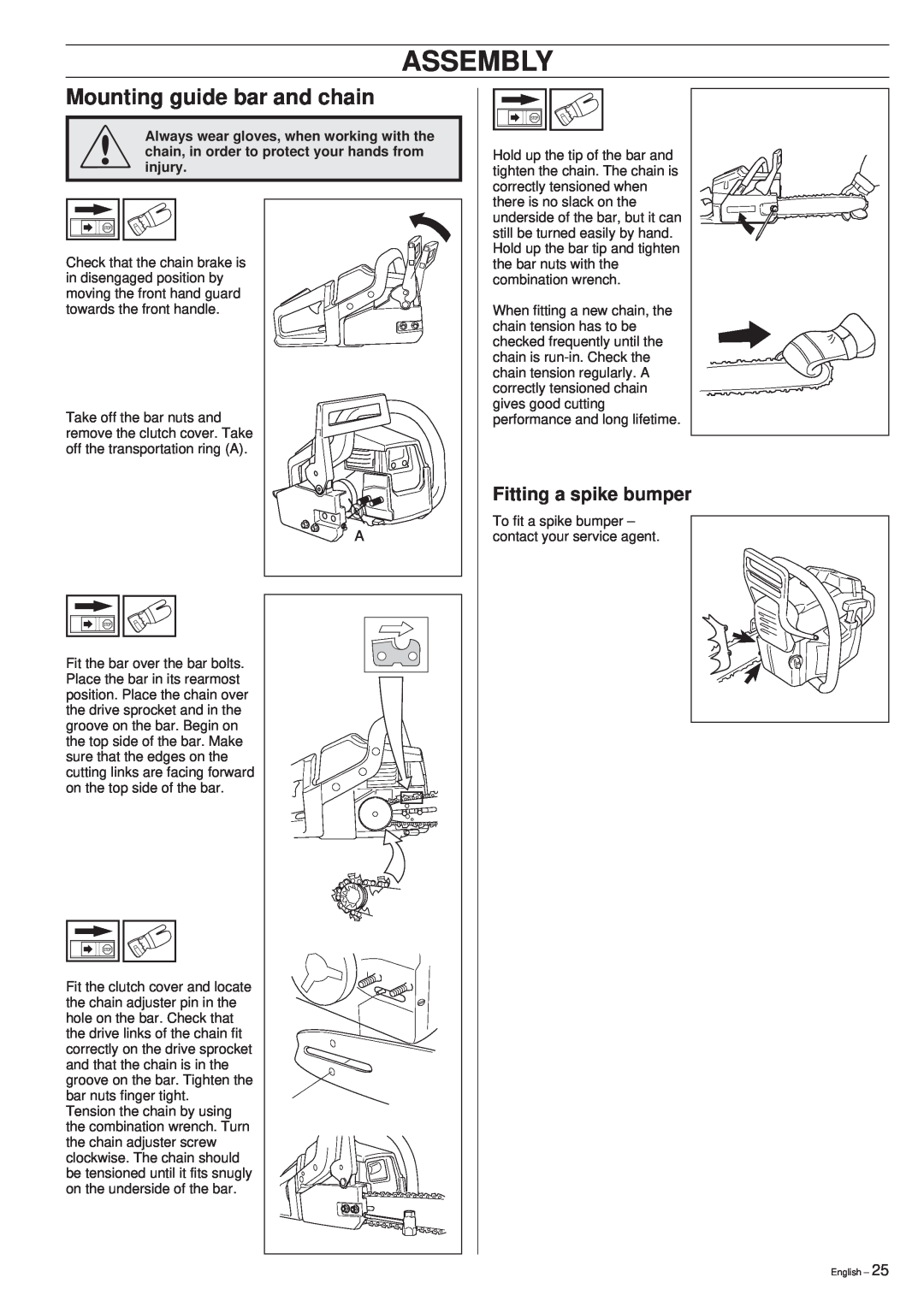 Husqvarna 40 manual Assembly, Mounting guide bar and chain, Fitting a spike bumper 