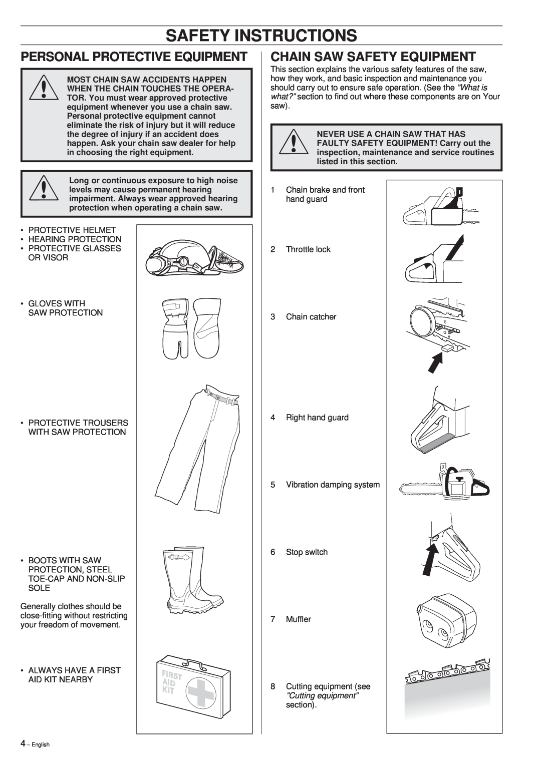 Husqvarna 40 manual Safety Instructions, Personal Protective Equipment, Chain Saw Safety Equipment 