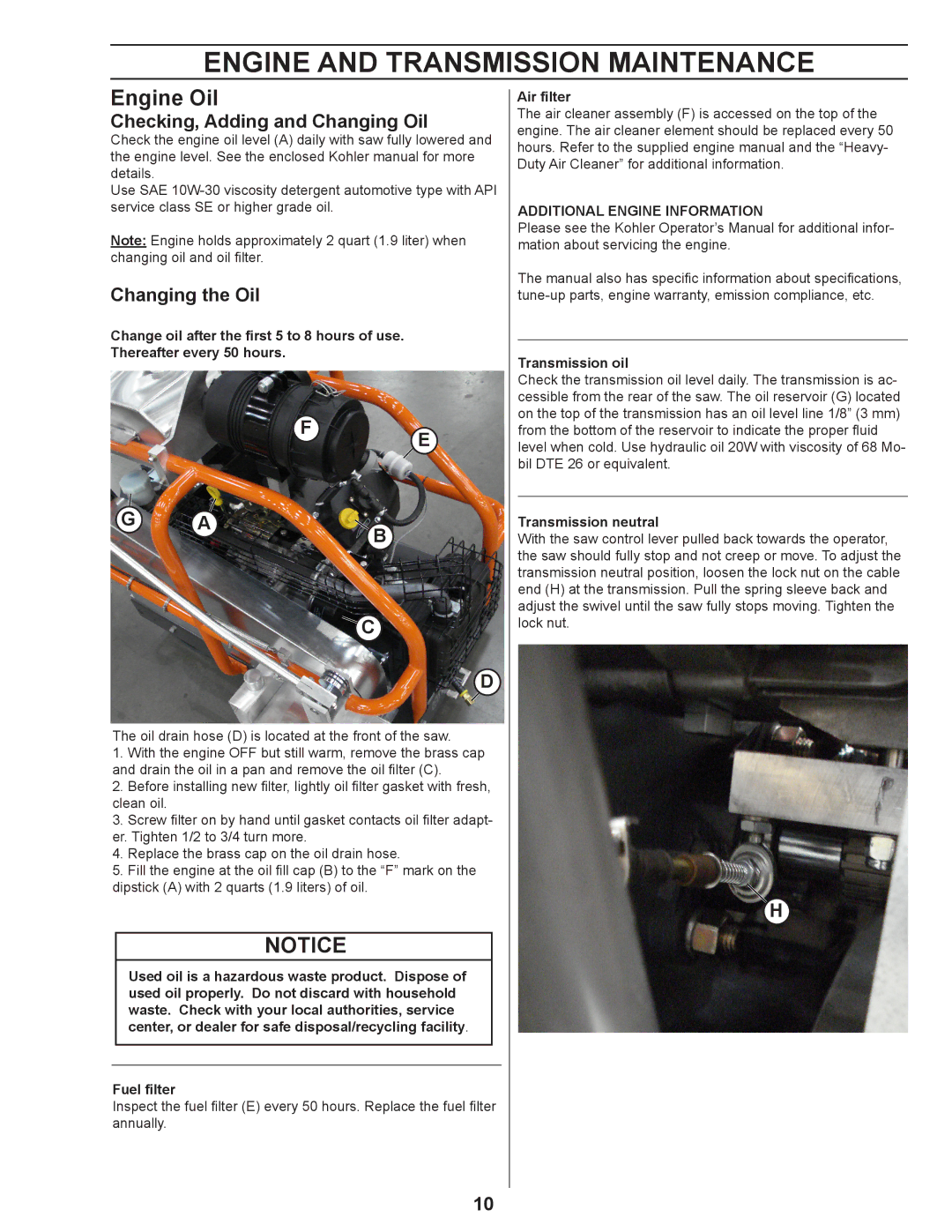 Husqvarna 4000 Engine and Transmission Maintenance, Air filter, Additional Engine Information, Transmission oil 