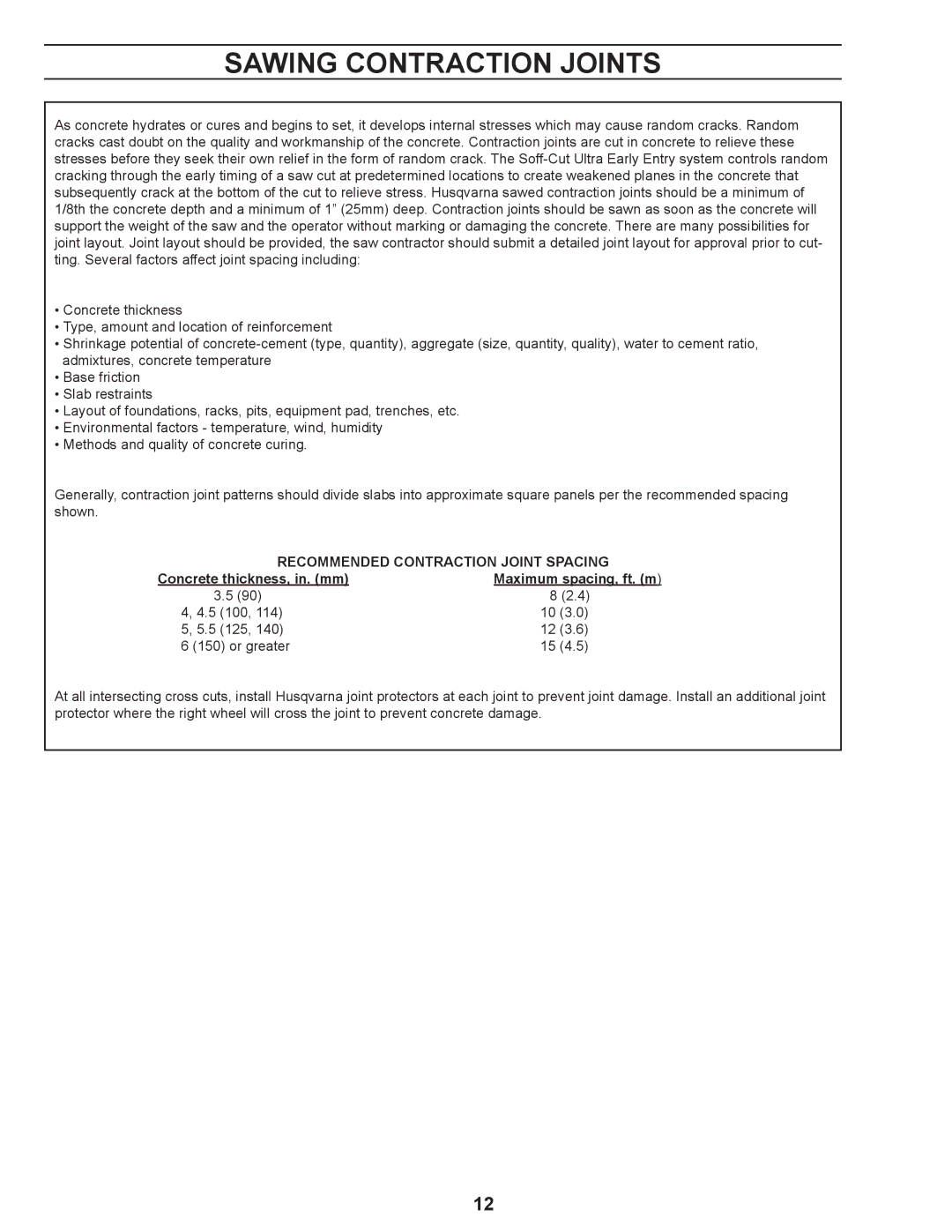 Husqvarna 4000 manuel dutilisation Sawing Contraction Joints, Recommended Contraction Joint Spacing 