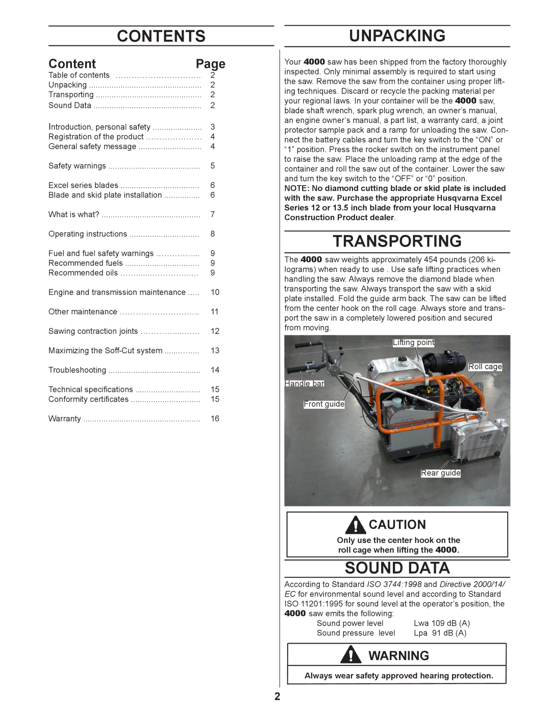 Husqvarna 4000 manuel dutilisation Contents, Unpacking Transporting, Sound Data 