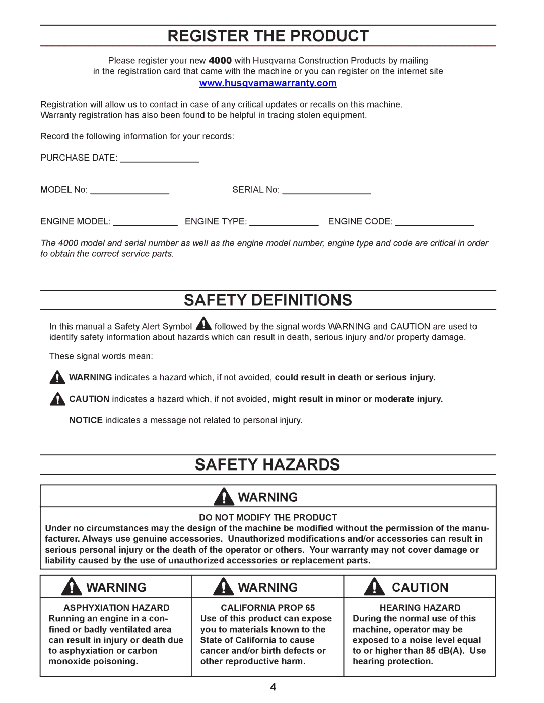 Husqvarna 4000 manuel dutilisation Register the Product, Safety Definitions, Safety Hazards 