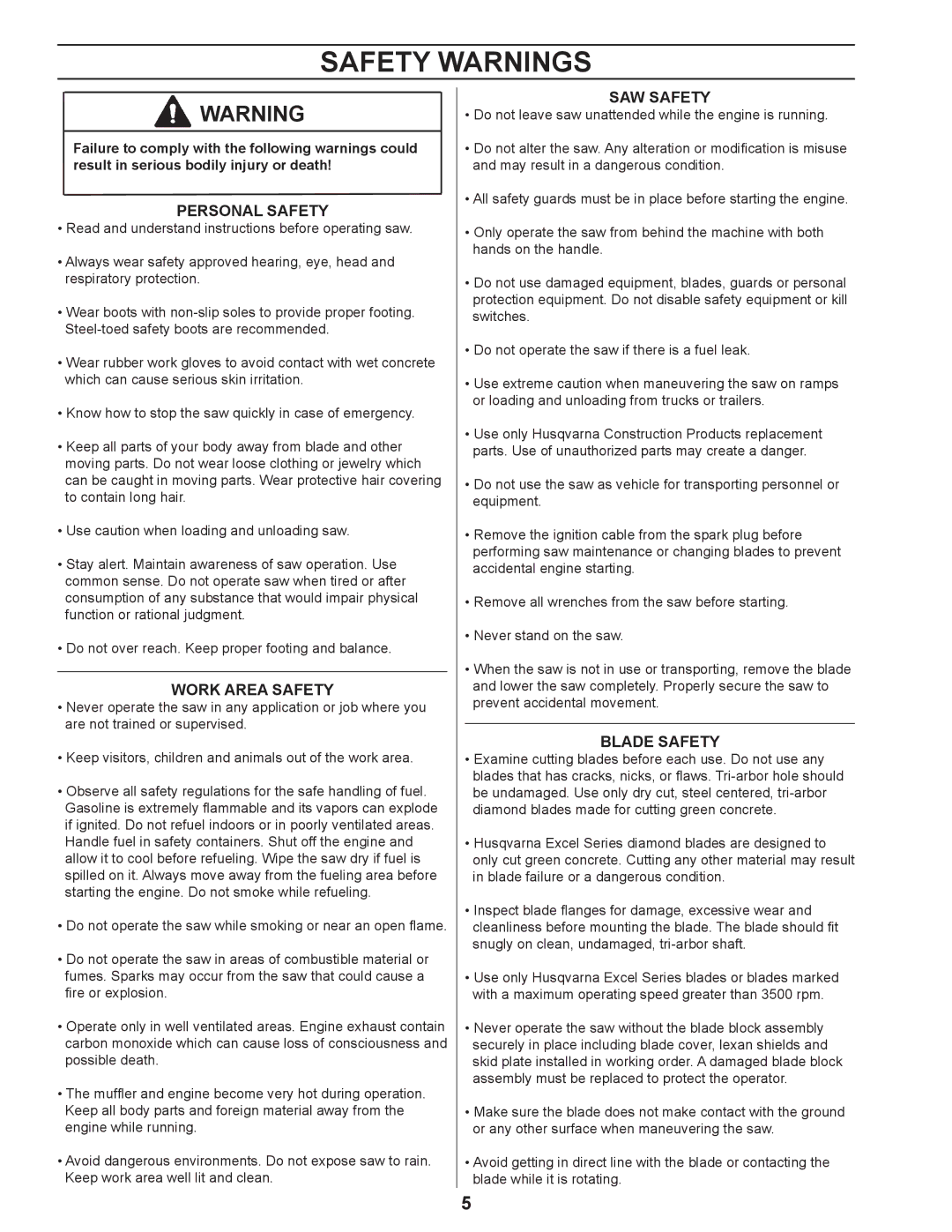 Husqvarna 4000 manuel dutilisation Safety Warnings, Personal Safety 