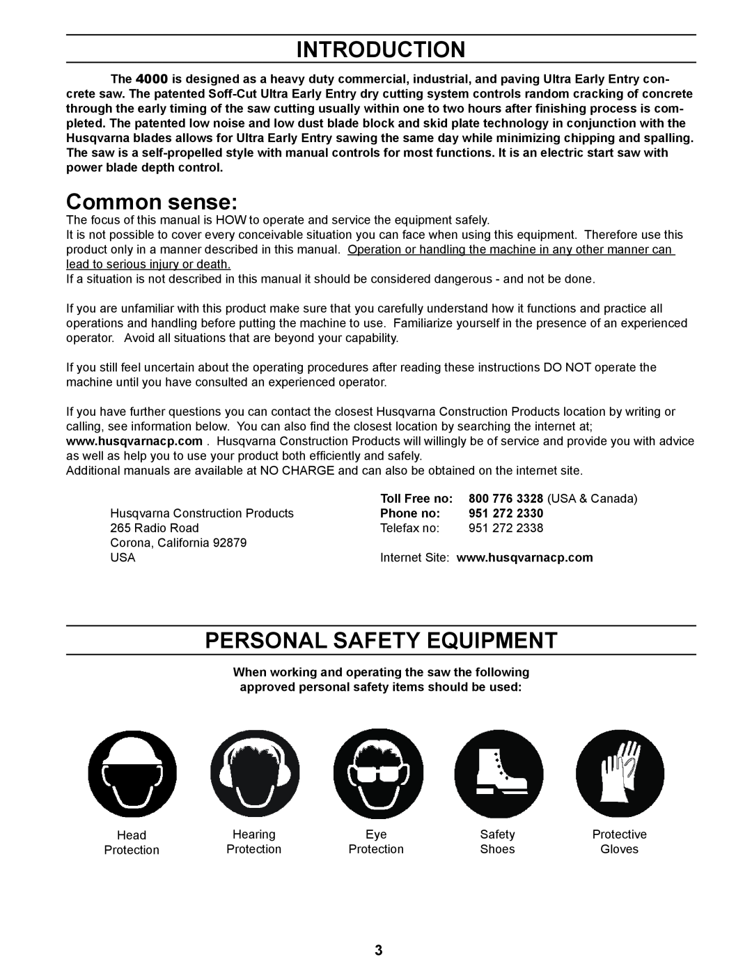 Husqvarna 4000 manuel dutilisation Introduction, Common sense, Personal Safety Equipment 