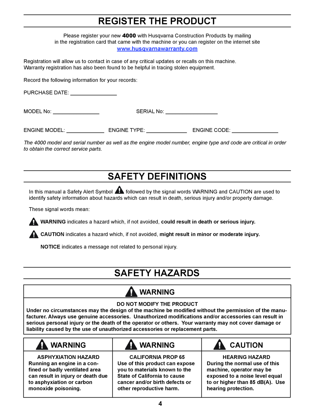 Husqvarna 4000 manuel dutilisation Register The Product, Safety Definitions, Safety Hazards 