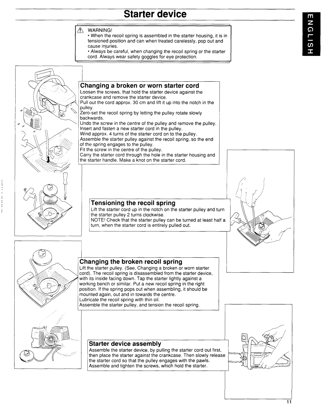 Husqvarna 36 Starterdevice, Changing a broken or worn starter cord, Tensioning the recoil spring, IStarter device assembly 