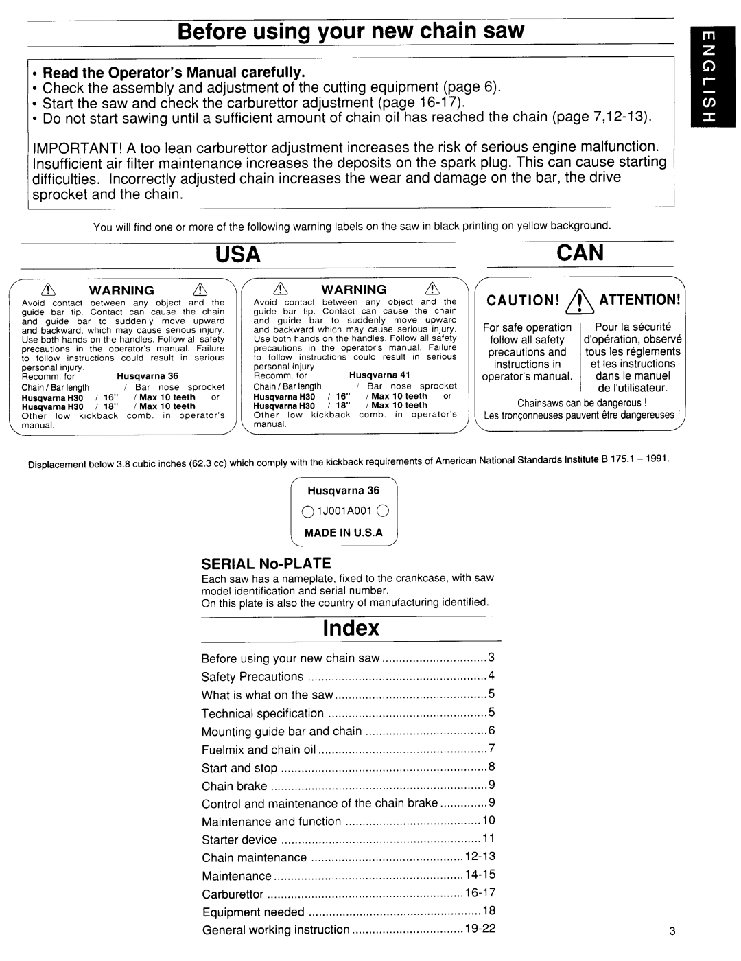 Husqvarna 36, 41 Beforeusing your new chain saw, Index, CRead the Operator’s Manual carefully, Serial No-PLATE 