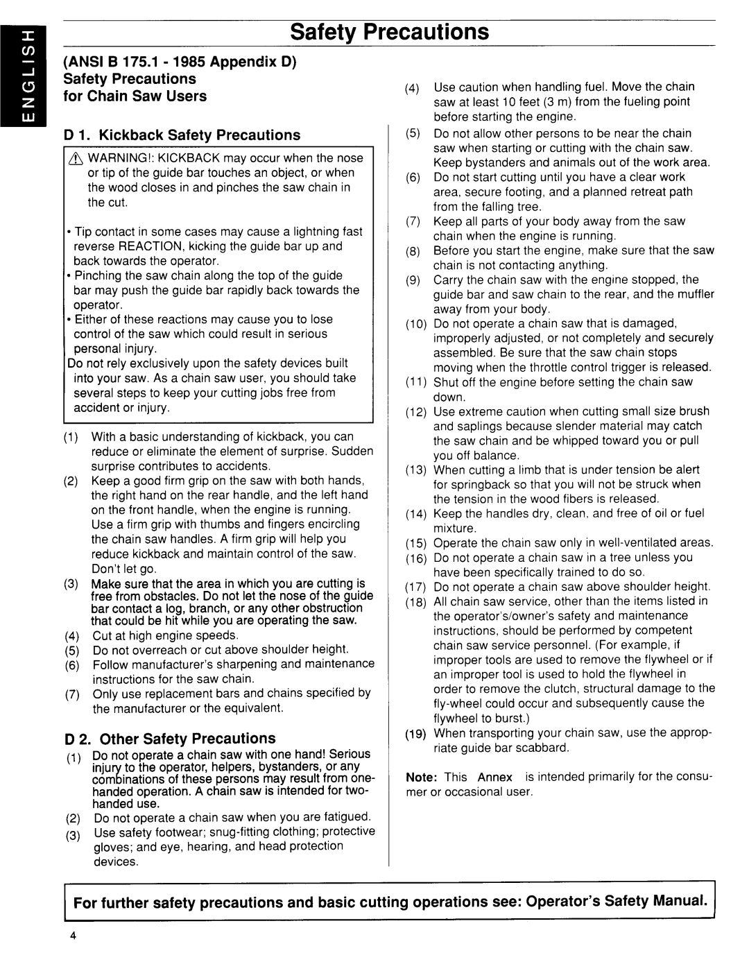 Husqvarna 41 Ansi B 175.1-1985 Appendix D Safety Precautions, For Chain Saw Users, IID 1. Kickback Safety Precautions 