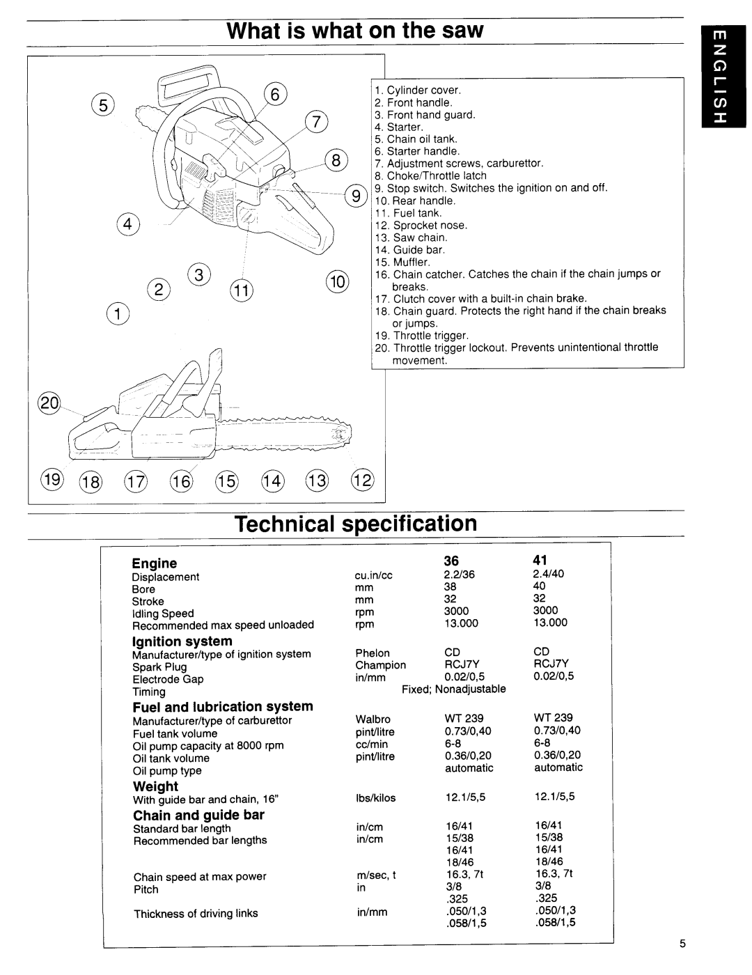 Husqvarna 36, 41 manuel dutilisation What is what on the saw, Technicalspecificationm 