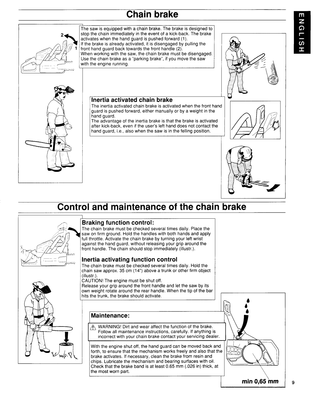 Husqvarna 36, 41 manuel dutilisation Chainbrake, Controland maintenanceof the chain brake 