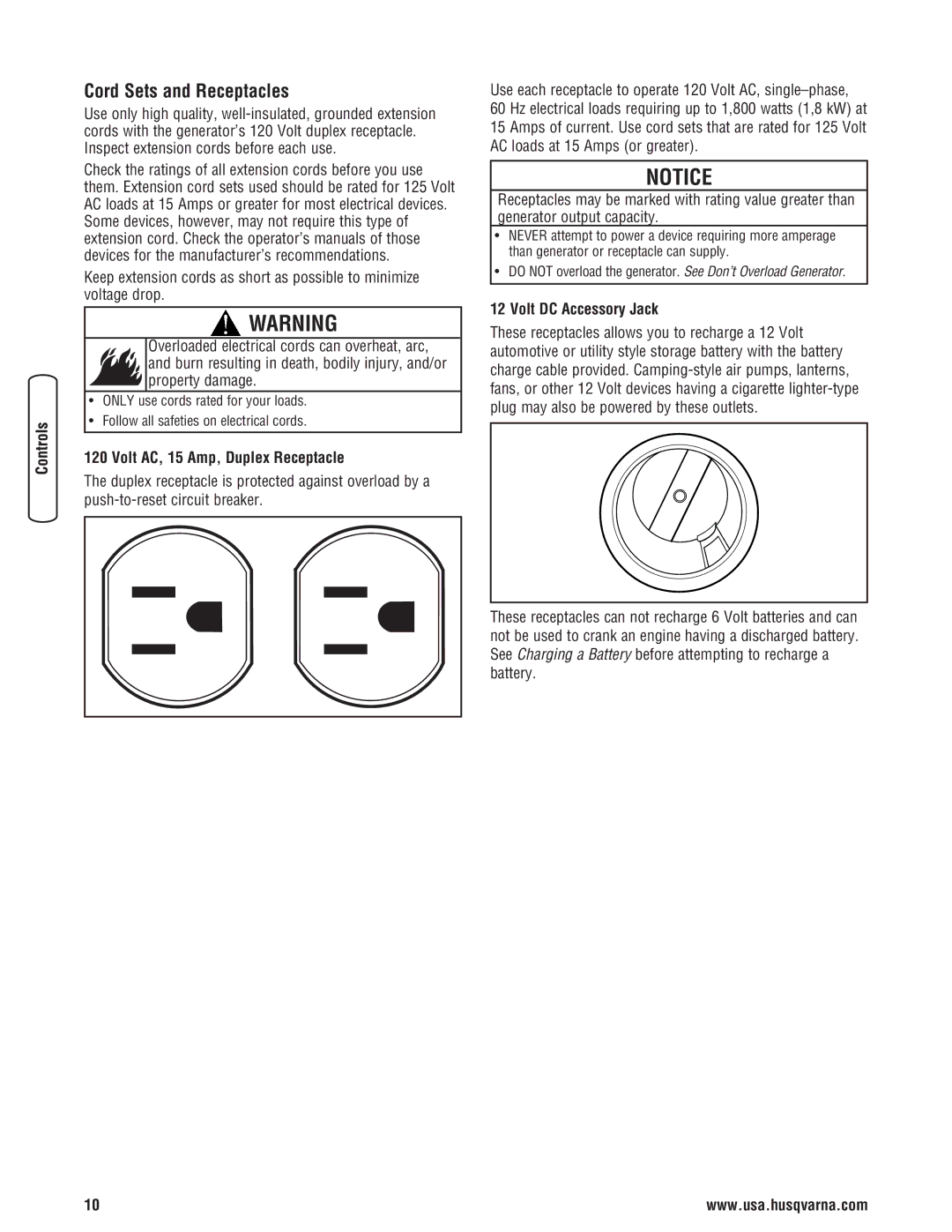 Husqvarna 420 GN manual Cord Sets and Receptacles, Volt AC, 15 Amp, Duplex Receptacle, Volt DC Accessory Jack 