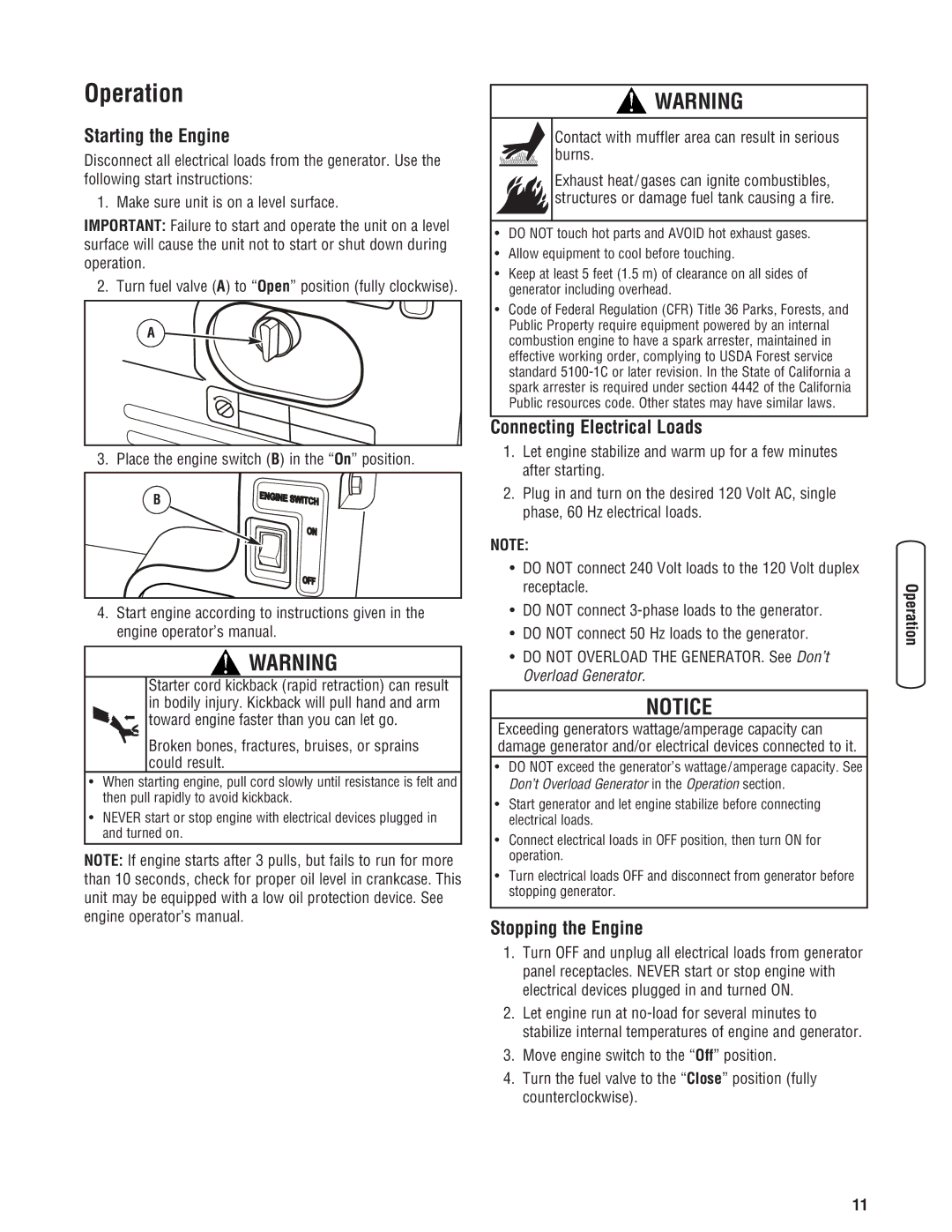 Husqvarna 420 GN manual Operation, Starting the Engine, Connecting Electrical Loads, Stopping the Engine 