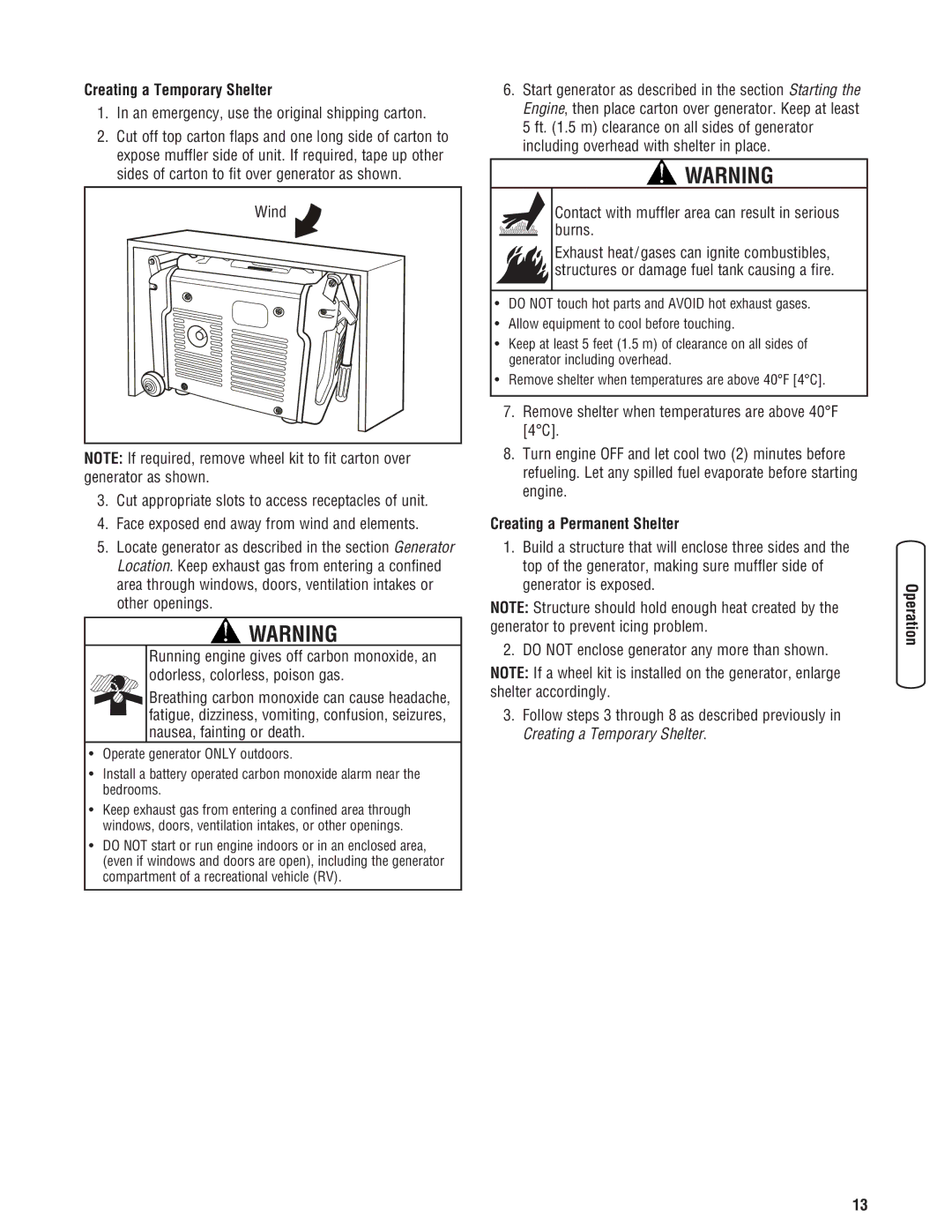 Husqvarna 420 GN manual Creating a Temporary Shelter, An emergency, use the original shipping carton 