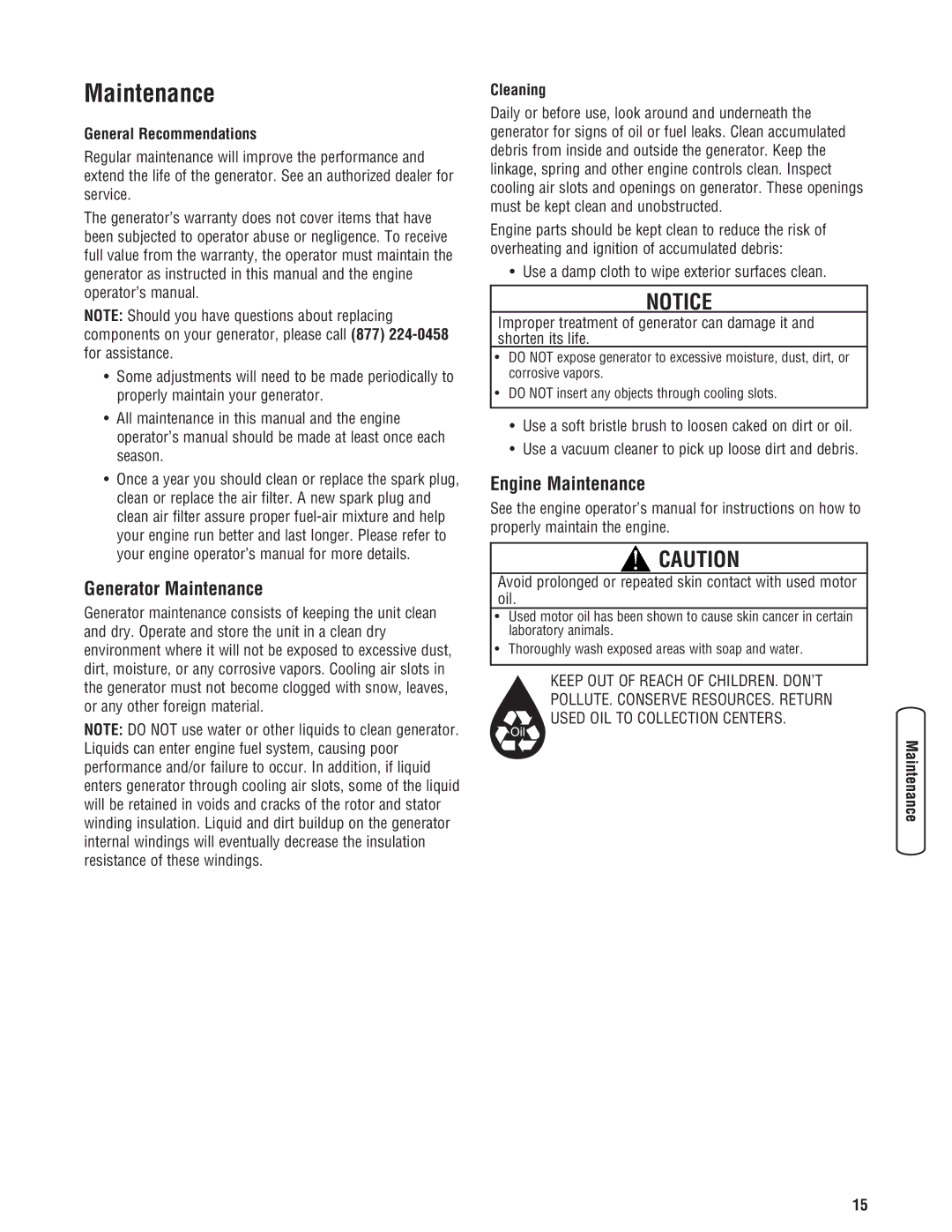 Husqvarna 420 GN manual Generator Maintenance, Engine Maintenance, General Recommendations, Cleaning 