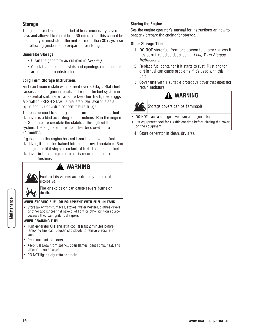 Husqvarna 420 GN manual Generator Storage, Long Term Storage Instructions, Storing the Engine, Other Storage Tips 