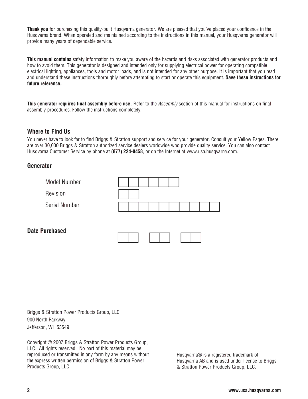 Husqvarna 420 GN manual Where to Find Us Generator, Date Purchased 
